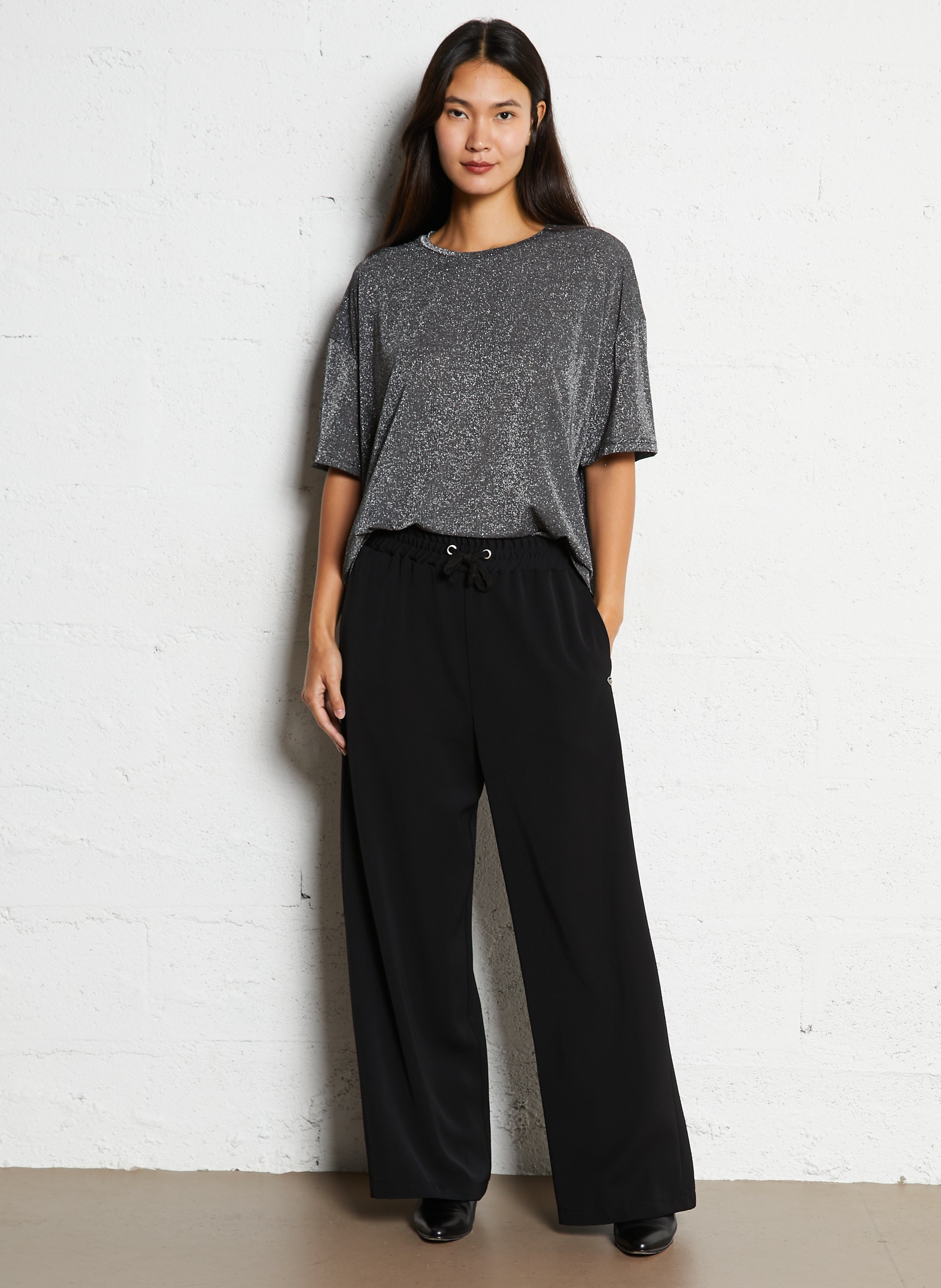 Wijde fluïde T-shirt met pailletten PLEASE Zilver