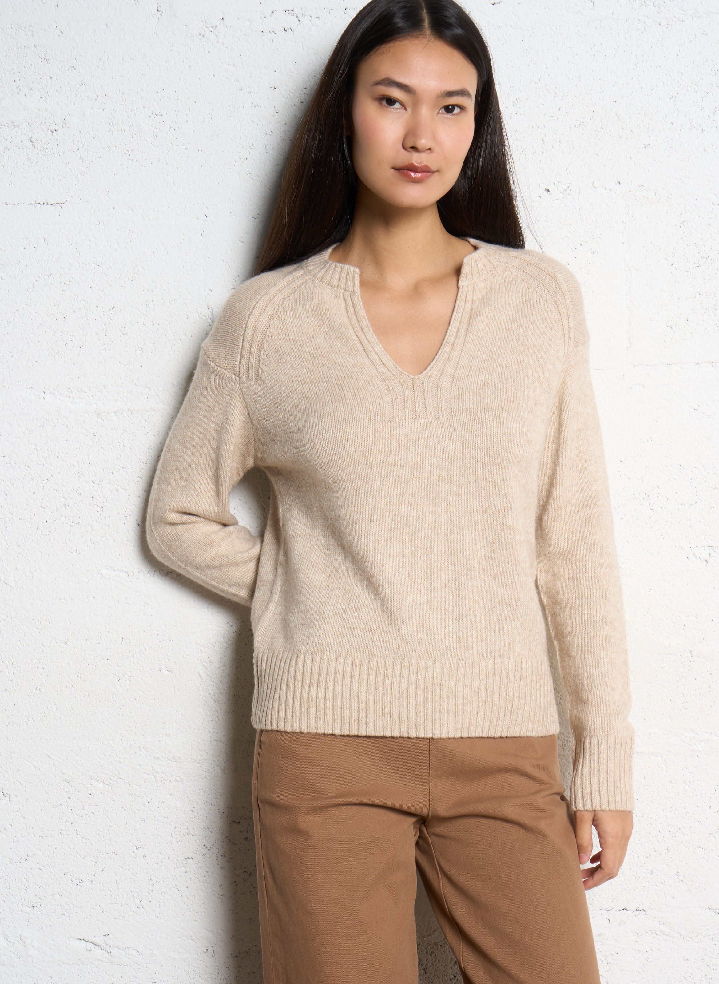 Pull col tunisien en coton mélangé SUD EXPRESS Beige