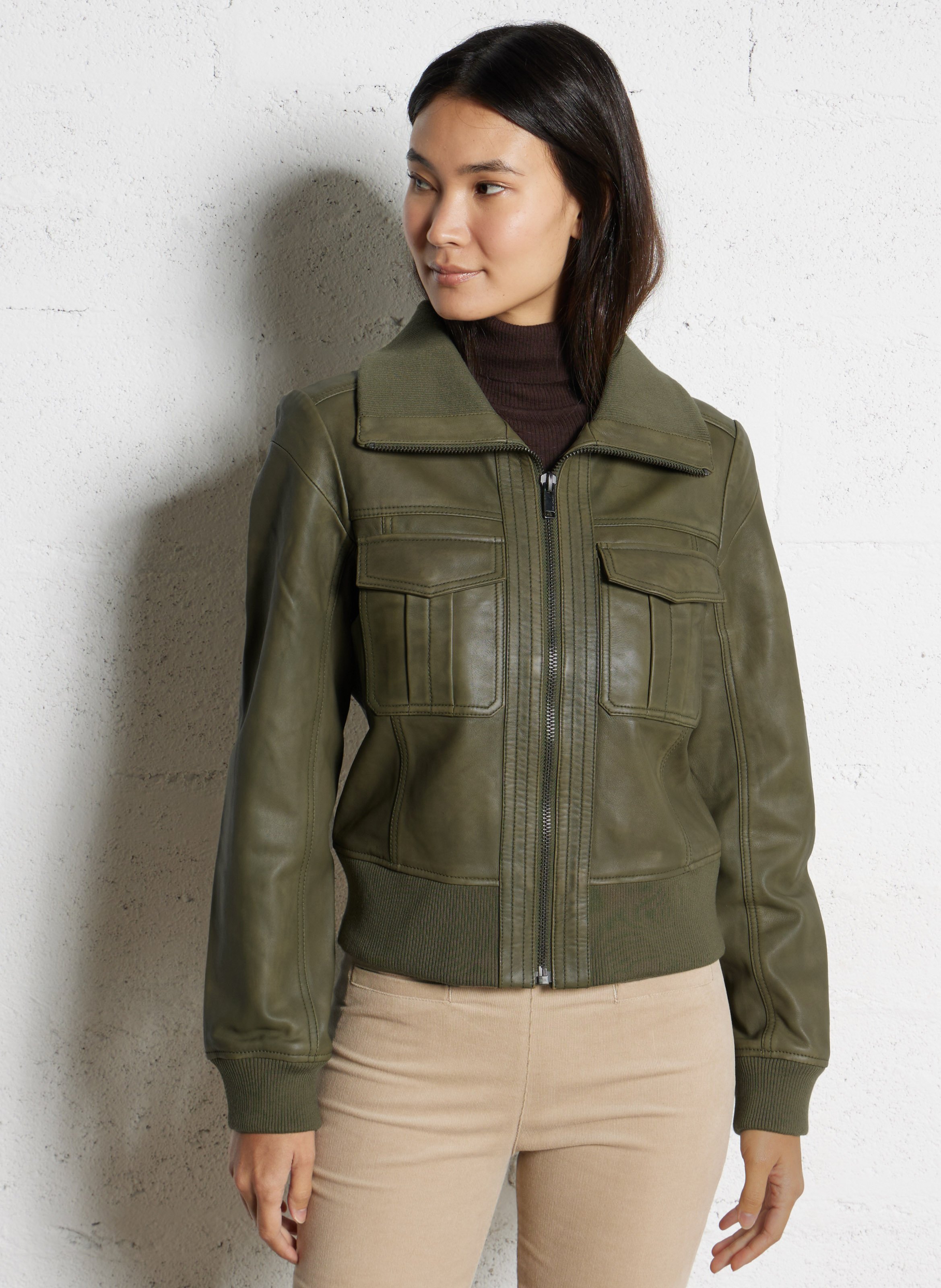 Straight leather jacket IKKS Khaki