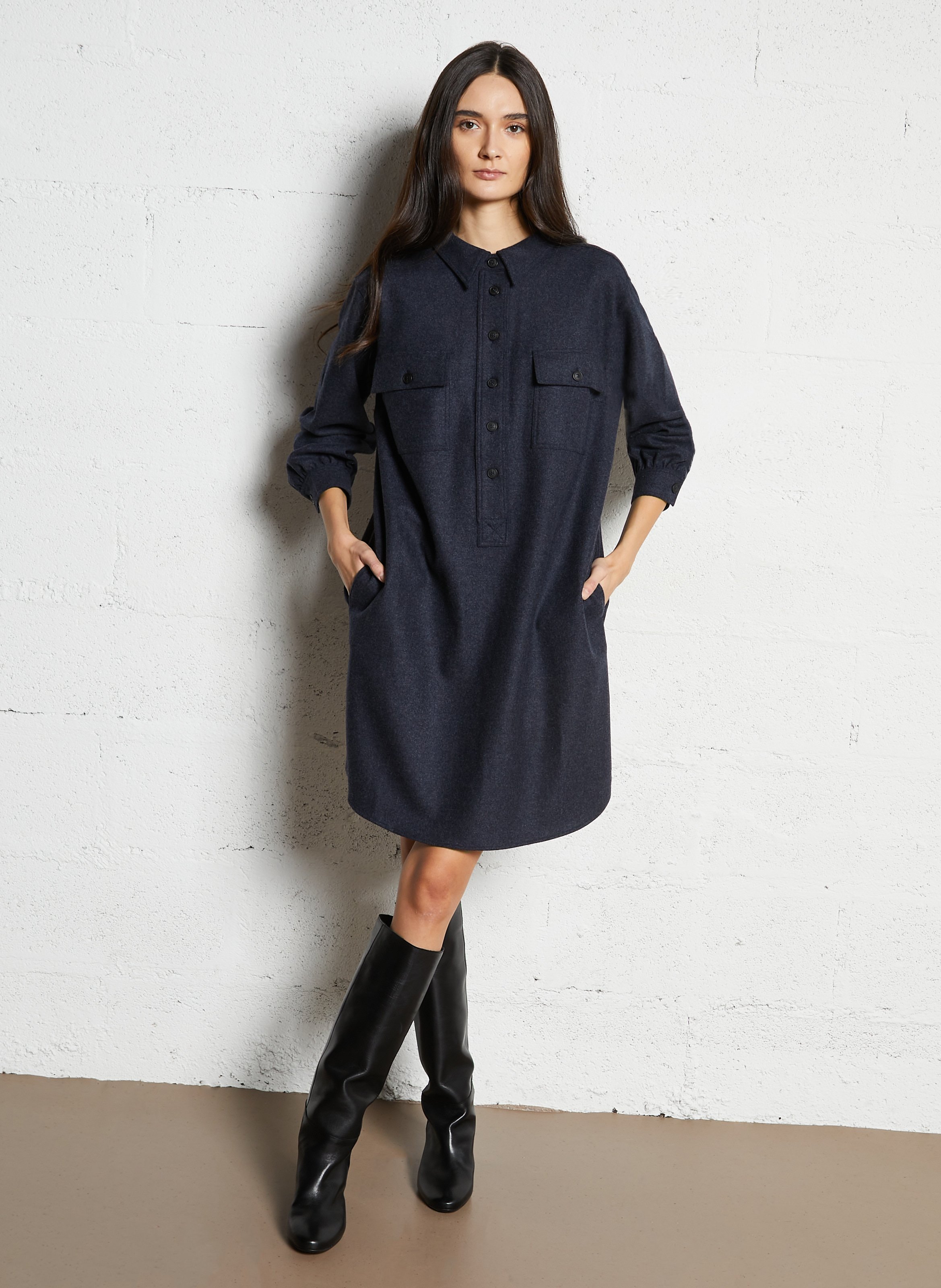 Midi dress with classic collar in mixed wool MAISON 123 Grey
