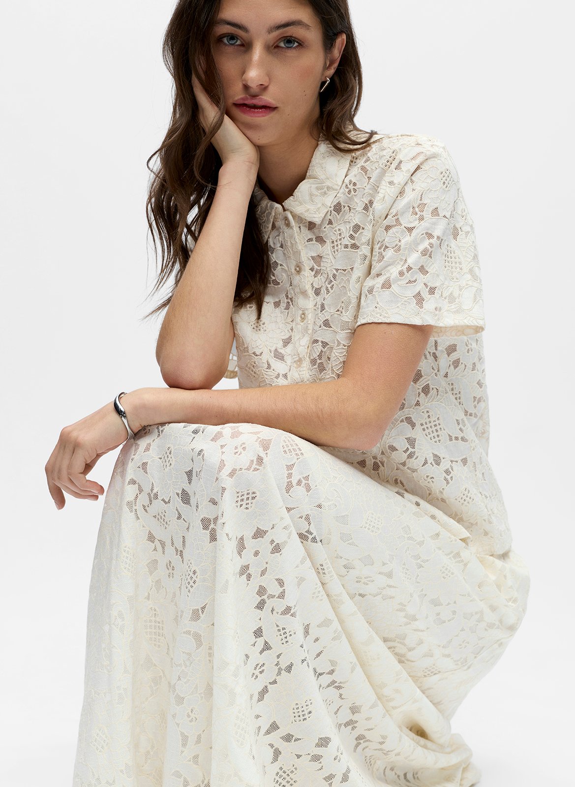 Short-sleeved lace polo shirt OBJECT Beige