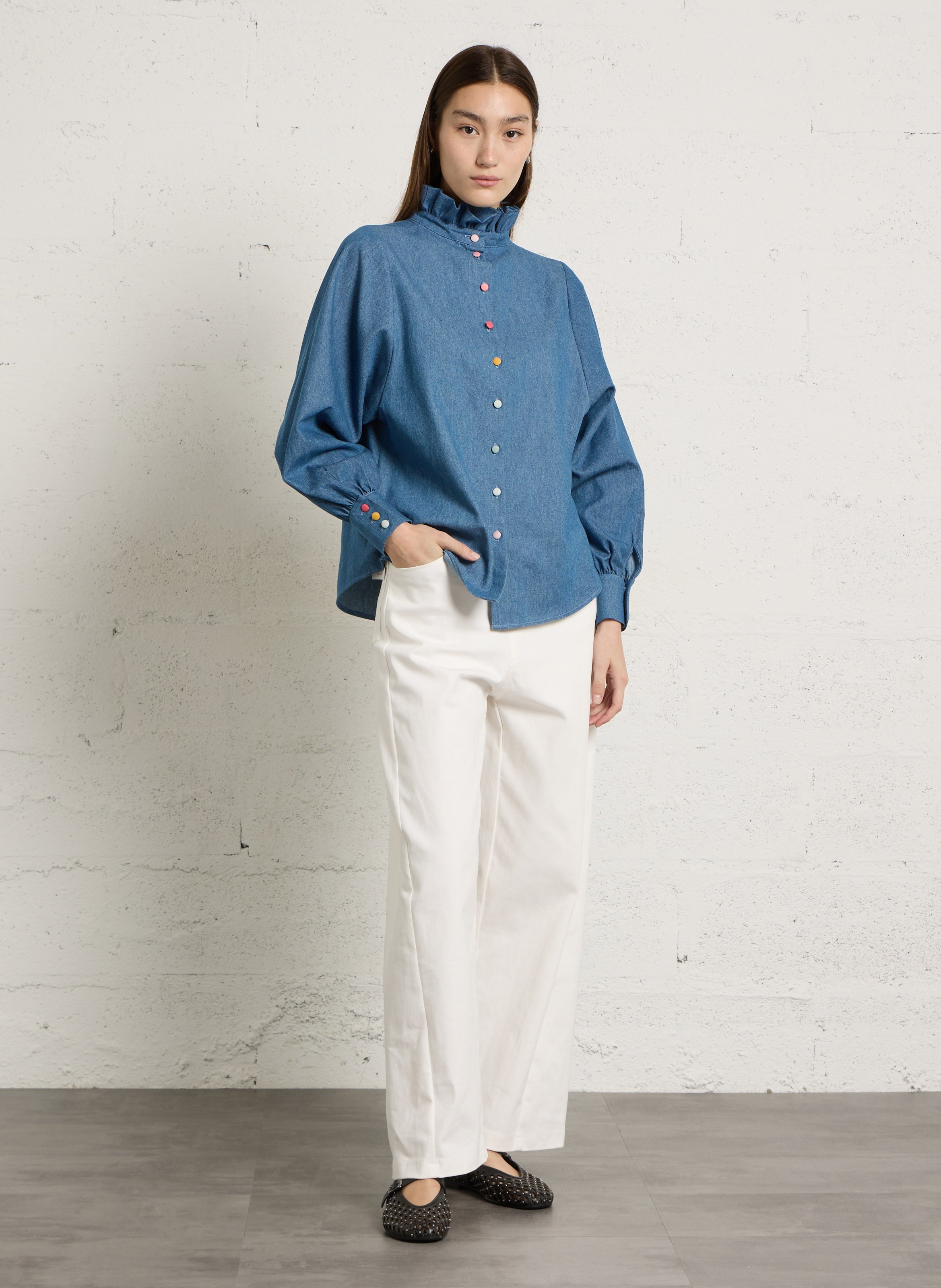 Chemisier col montant en denim ELISE CHALMIN Bleu