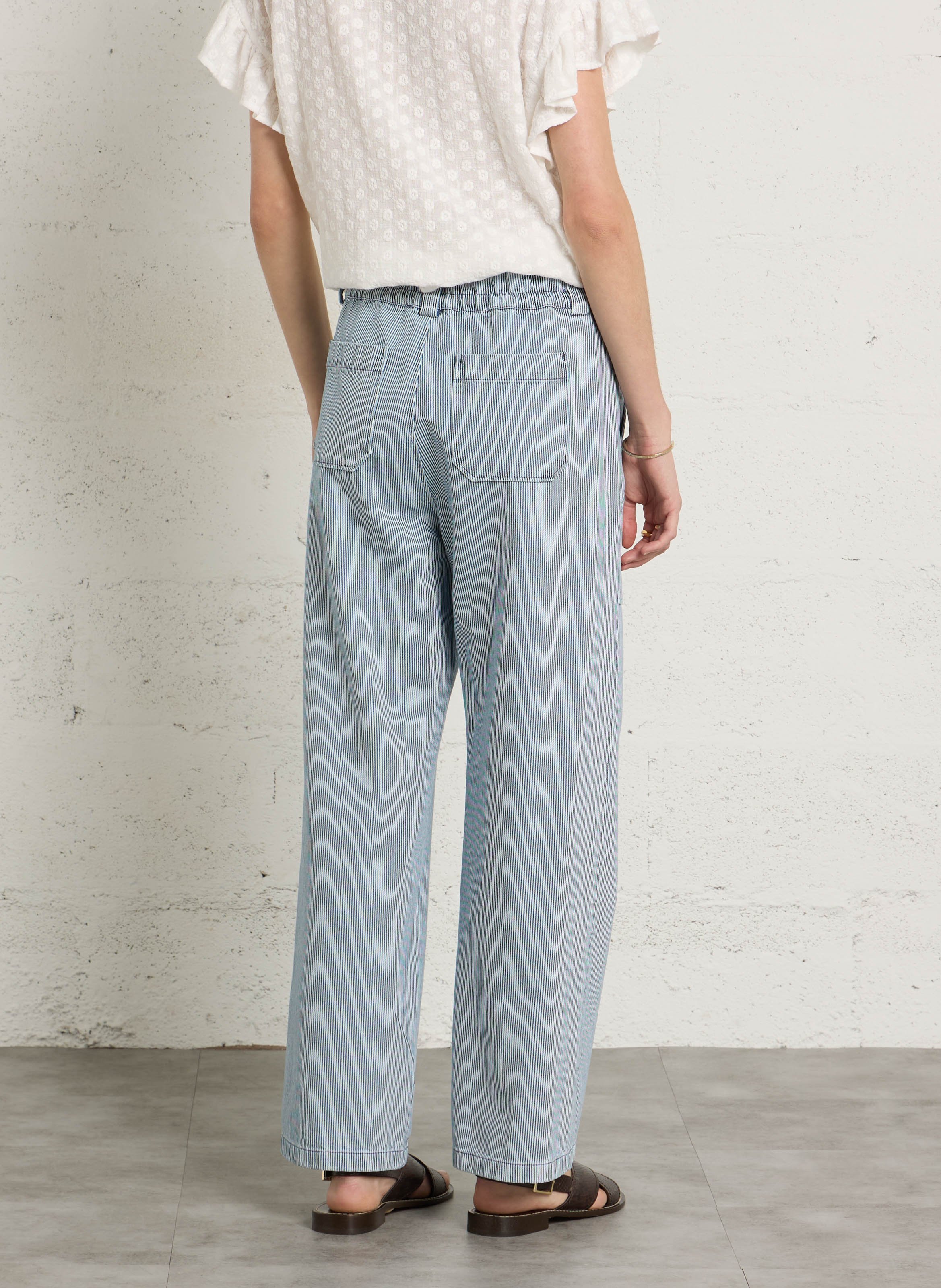 Pantalon droit taille haute en coton rayé SUZIE WINKLE Bleu