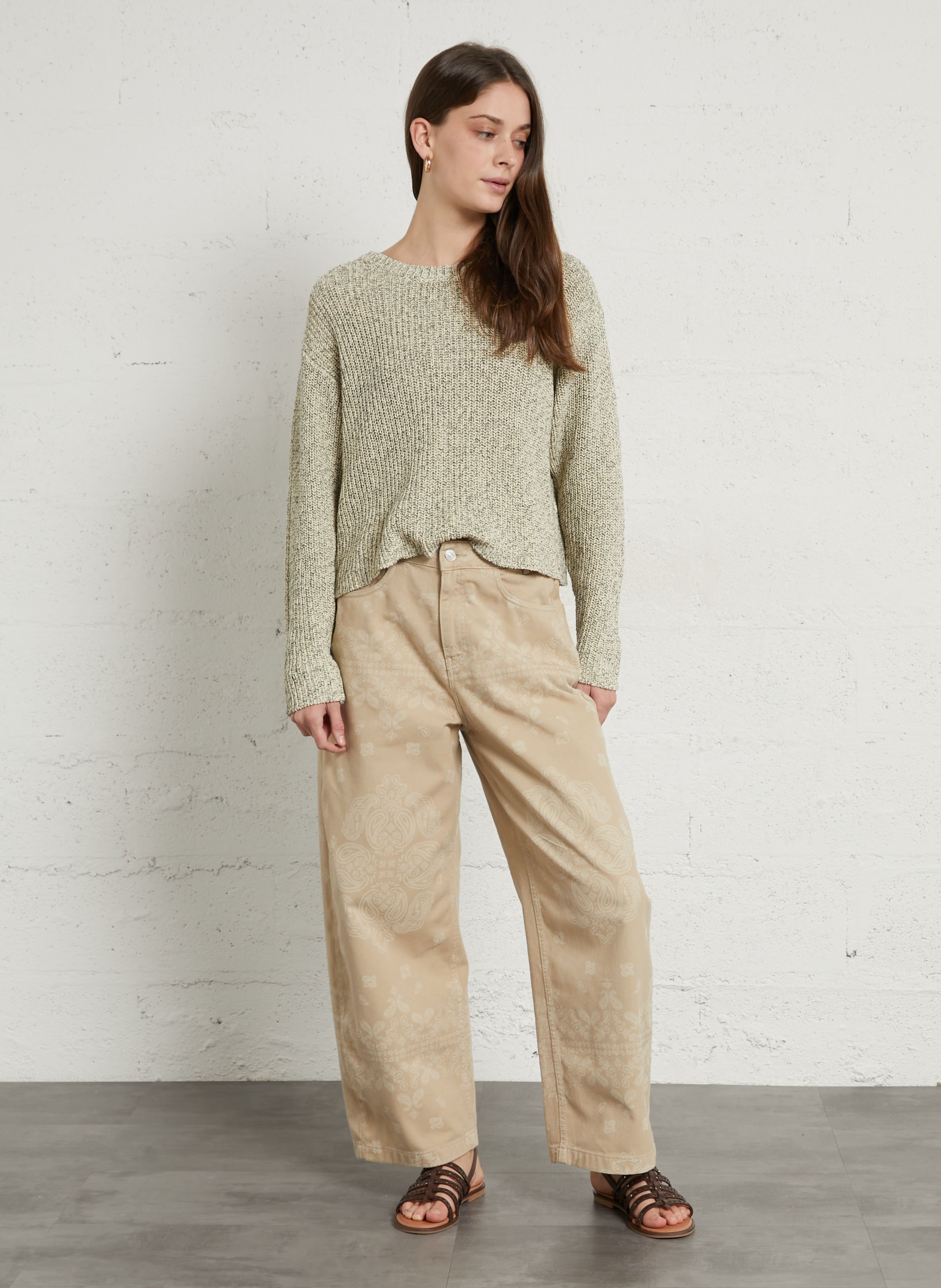 Wide-leg printed cotton jeans BERENICE Beige