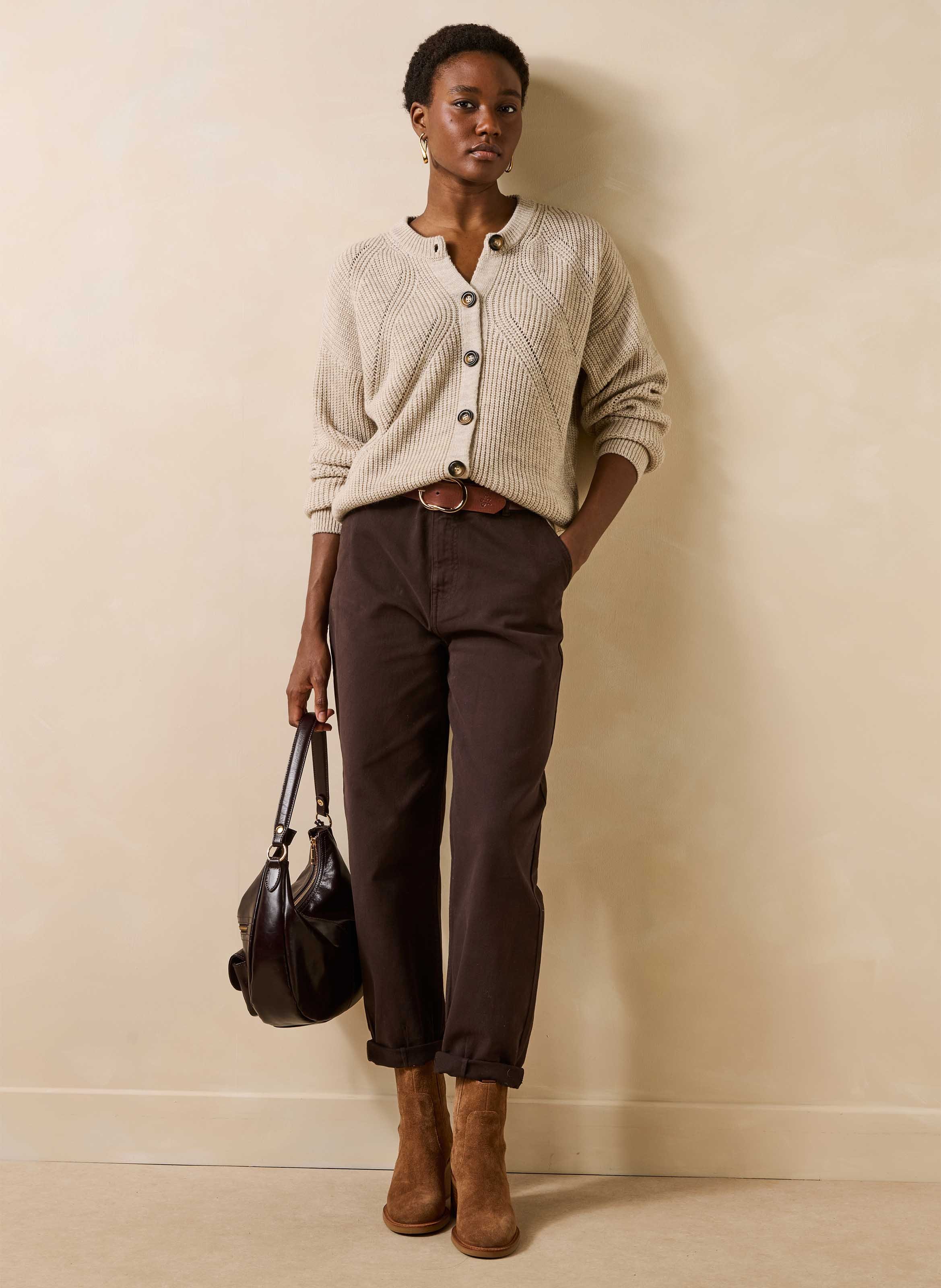 Cardigan col rond en laine mélangé LA FEE MARABOUTEE Beige