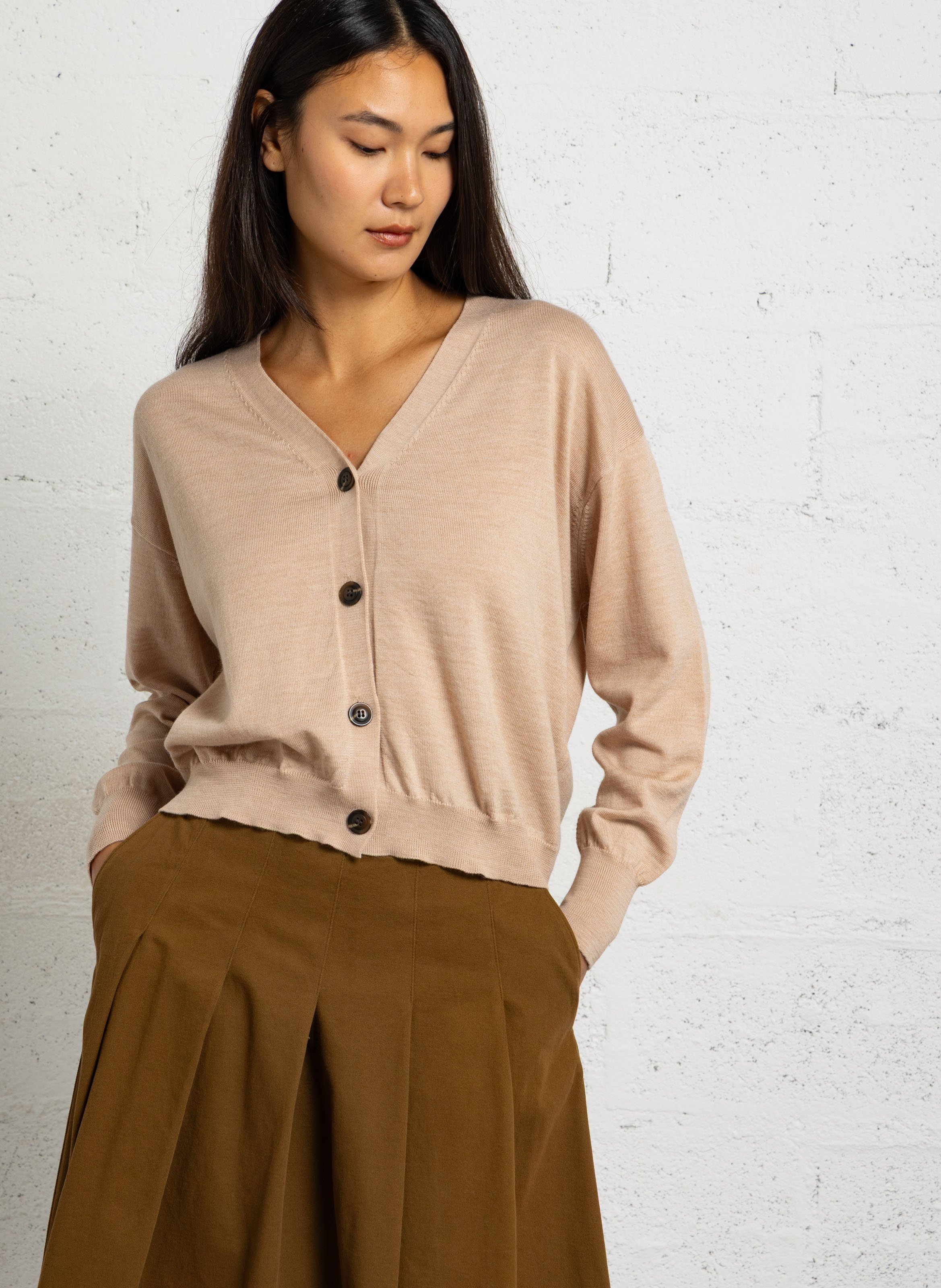 Oversize-Strickjacke aus Wolle mit V-Ausschnitt SOEUR Beige