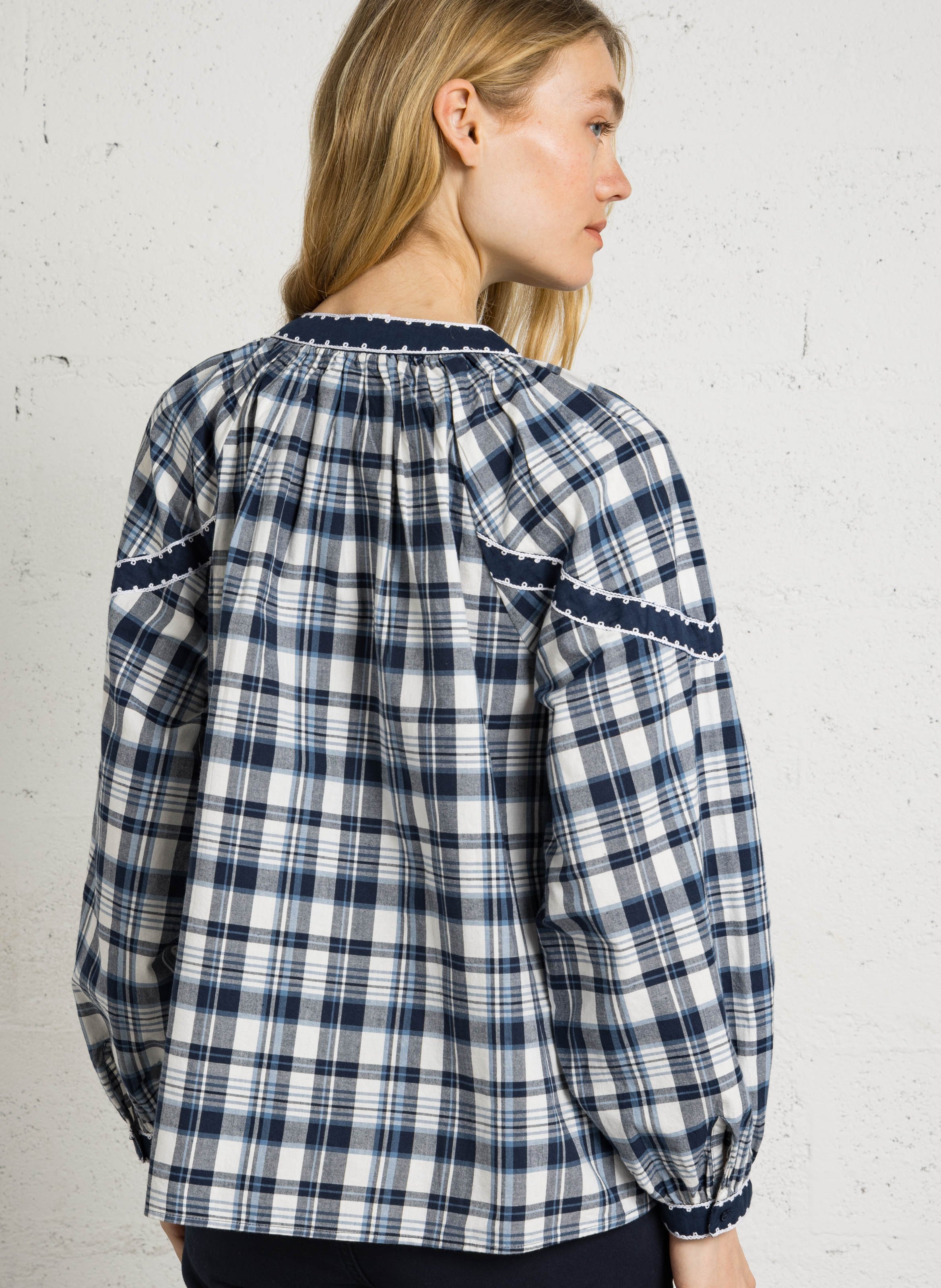 Rechte katoenen blouse met ronde hals en ruitdessin SUD EXPRESS Blauw