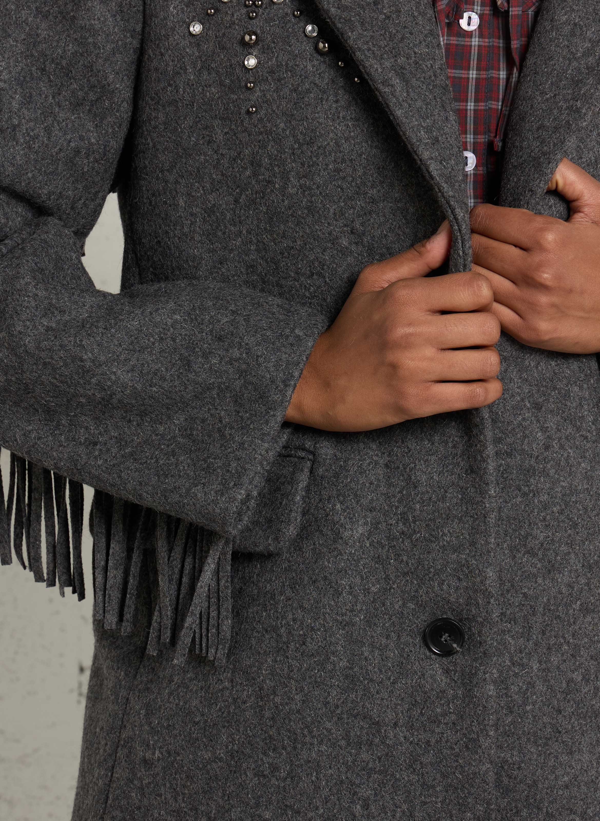 Veste à franges et strass en laine mélangée BERENICE Gris