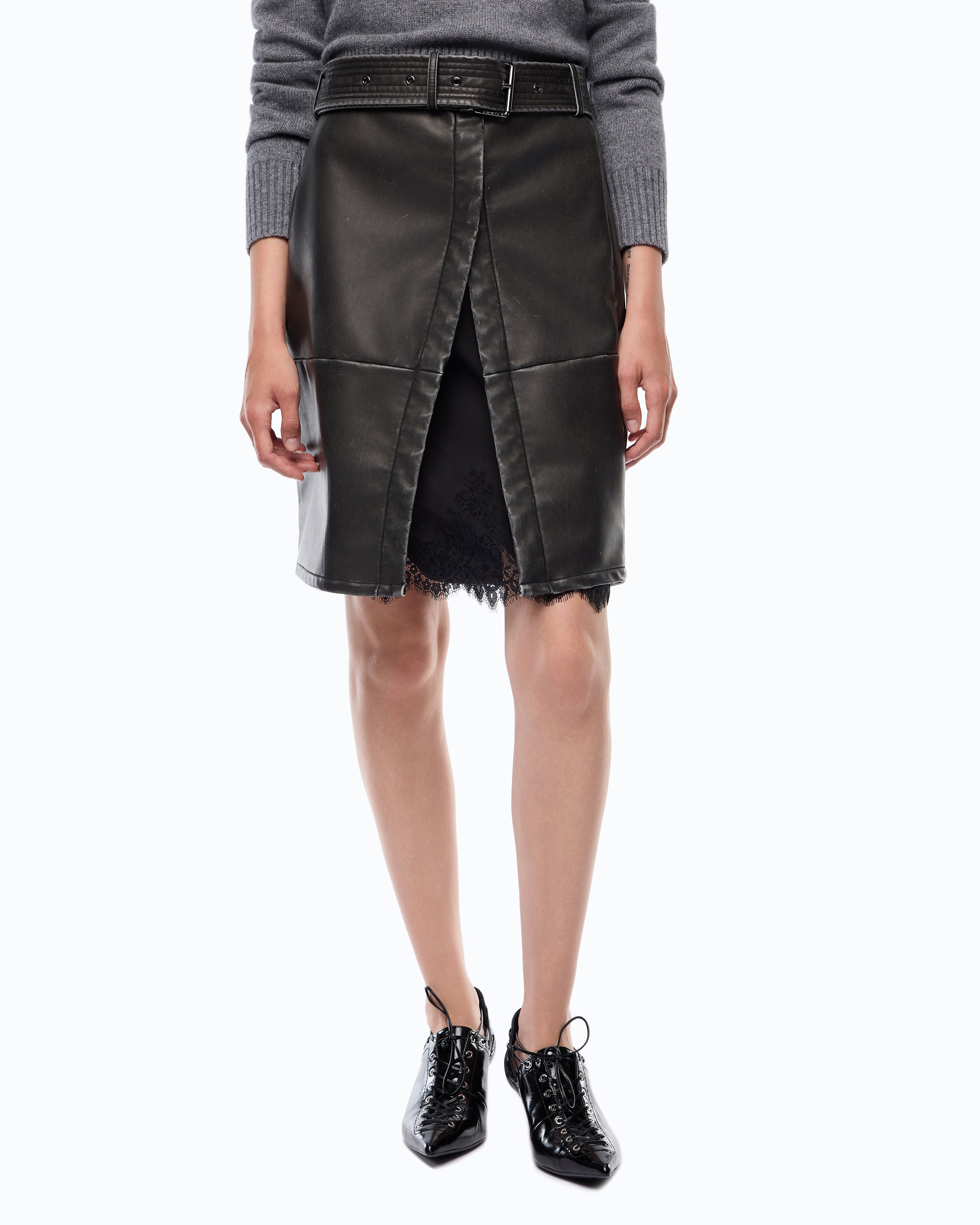 Knee-length belted faux leather skirt with a slit PINKO Grey