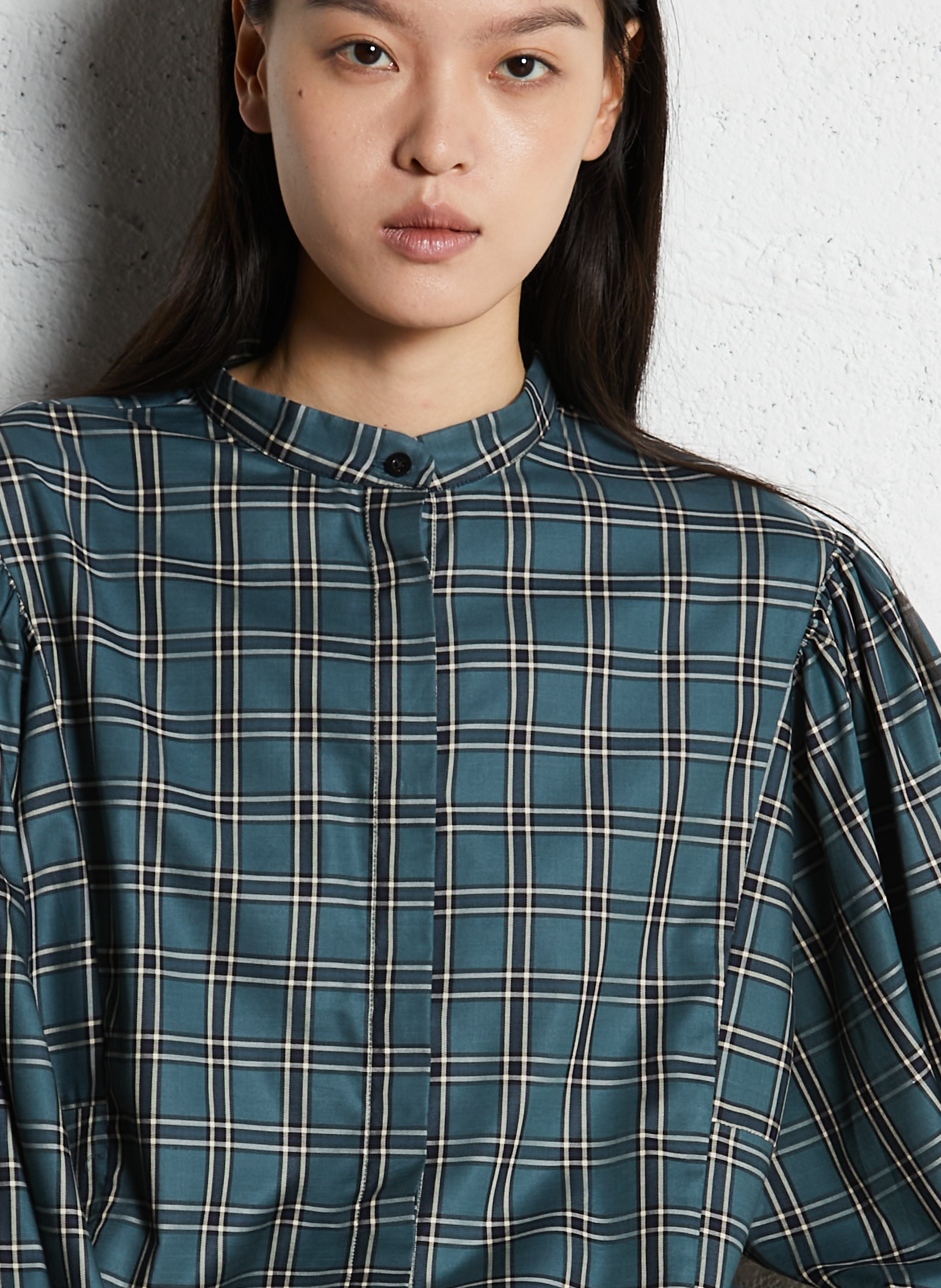 Round neck checkered button-up blouse V DE VINSTER Blue