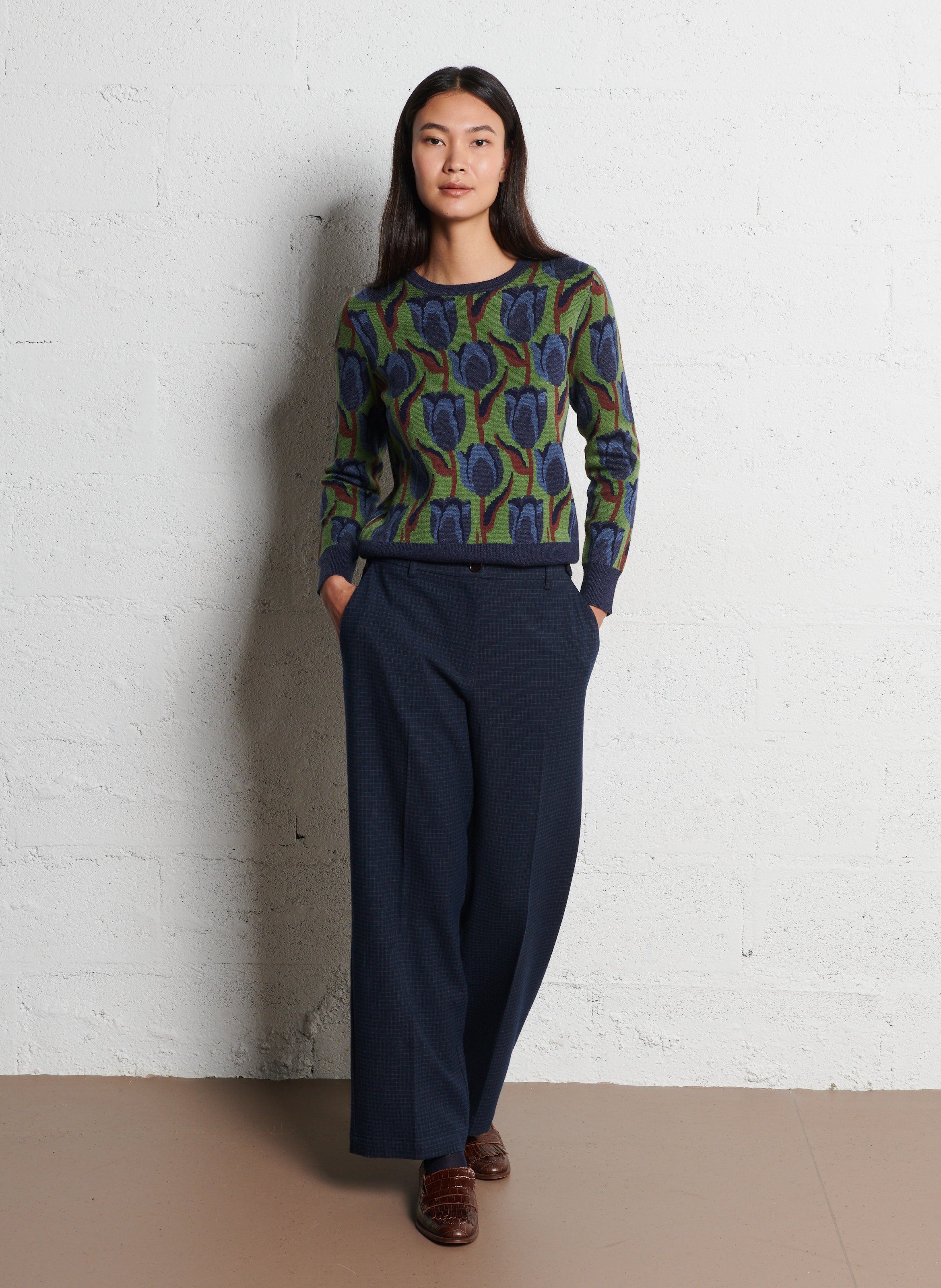 Pull droit à motifs tulipes  NICE THINGS Vert