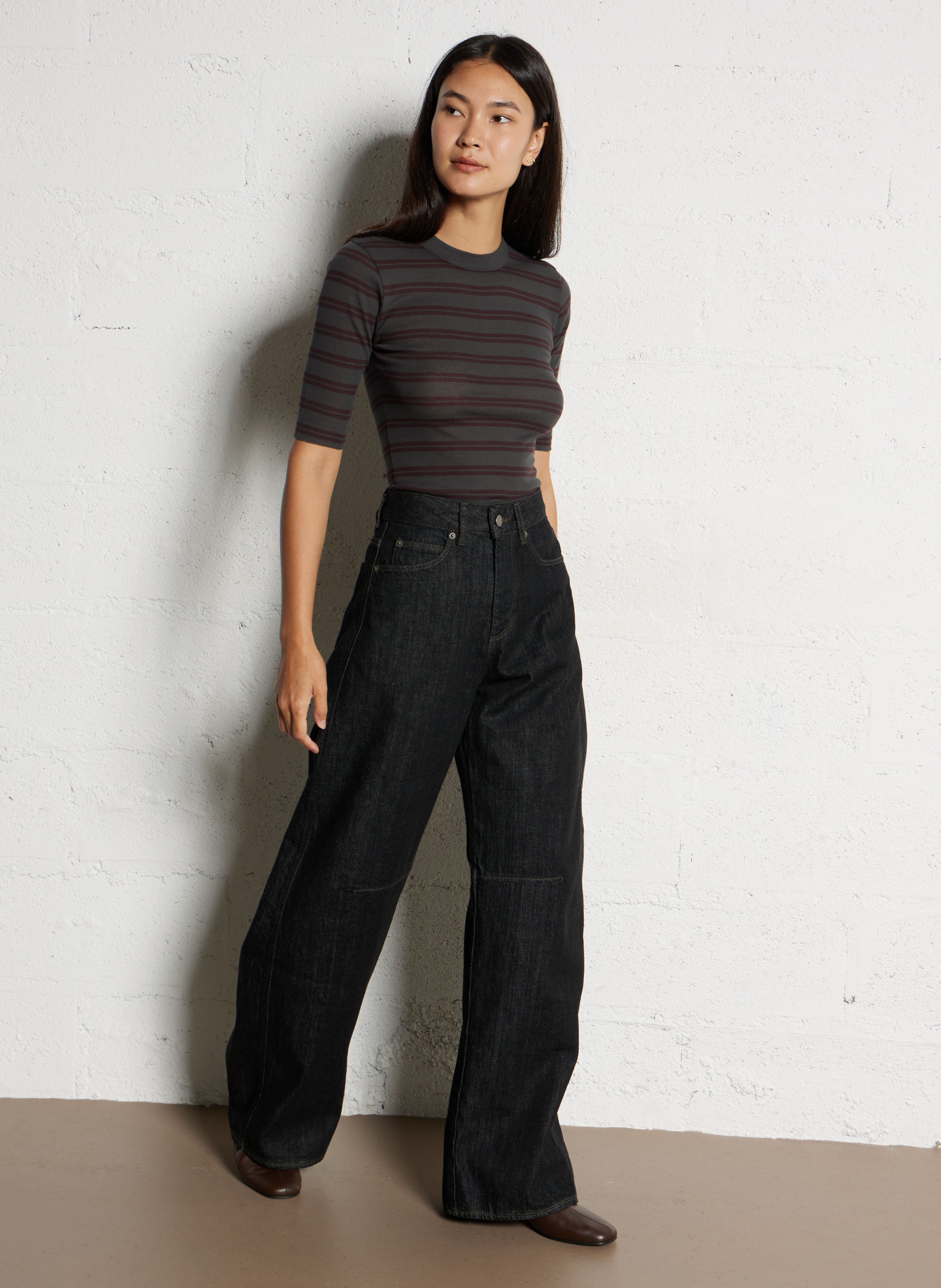 Tee-shirt col rond rayé en coton SOEUR Prune