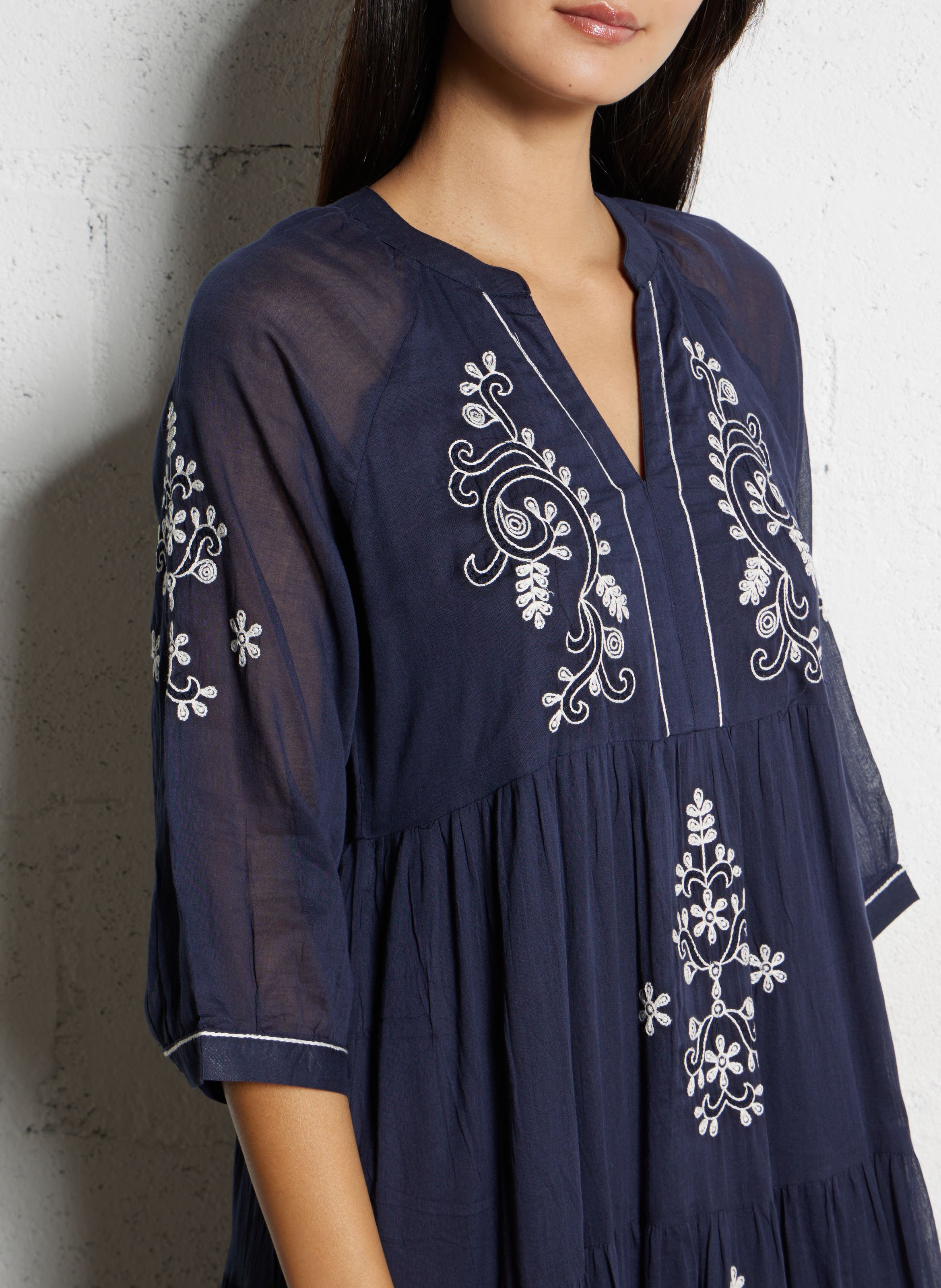 Robe longue ample à motifs brodés SUD EXPRESS Bleu