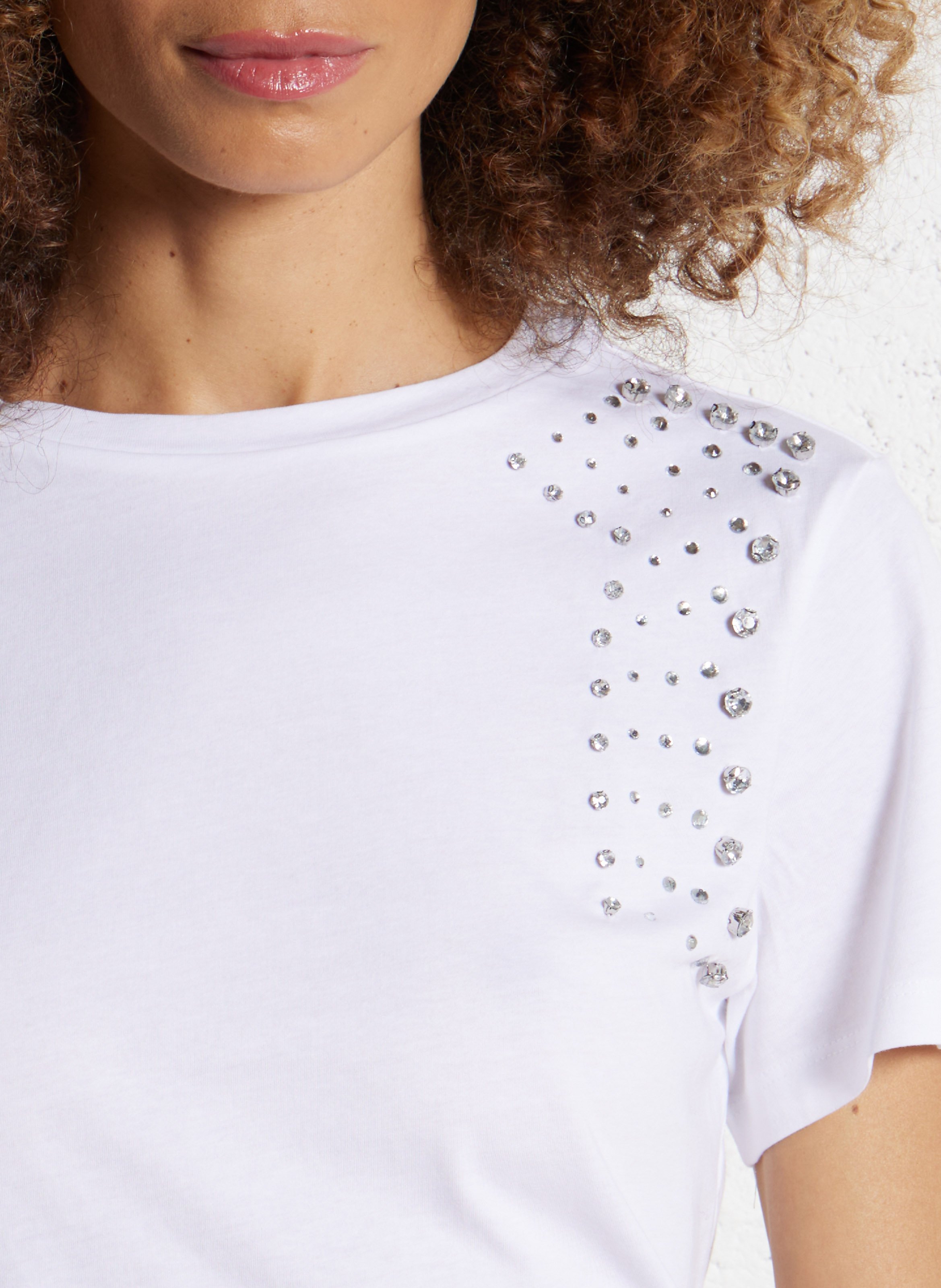 Plain cotton T-shirt with rhinestones LIU JO White