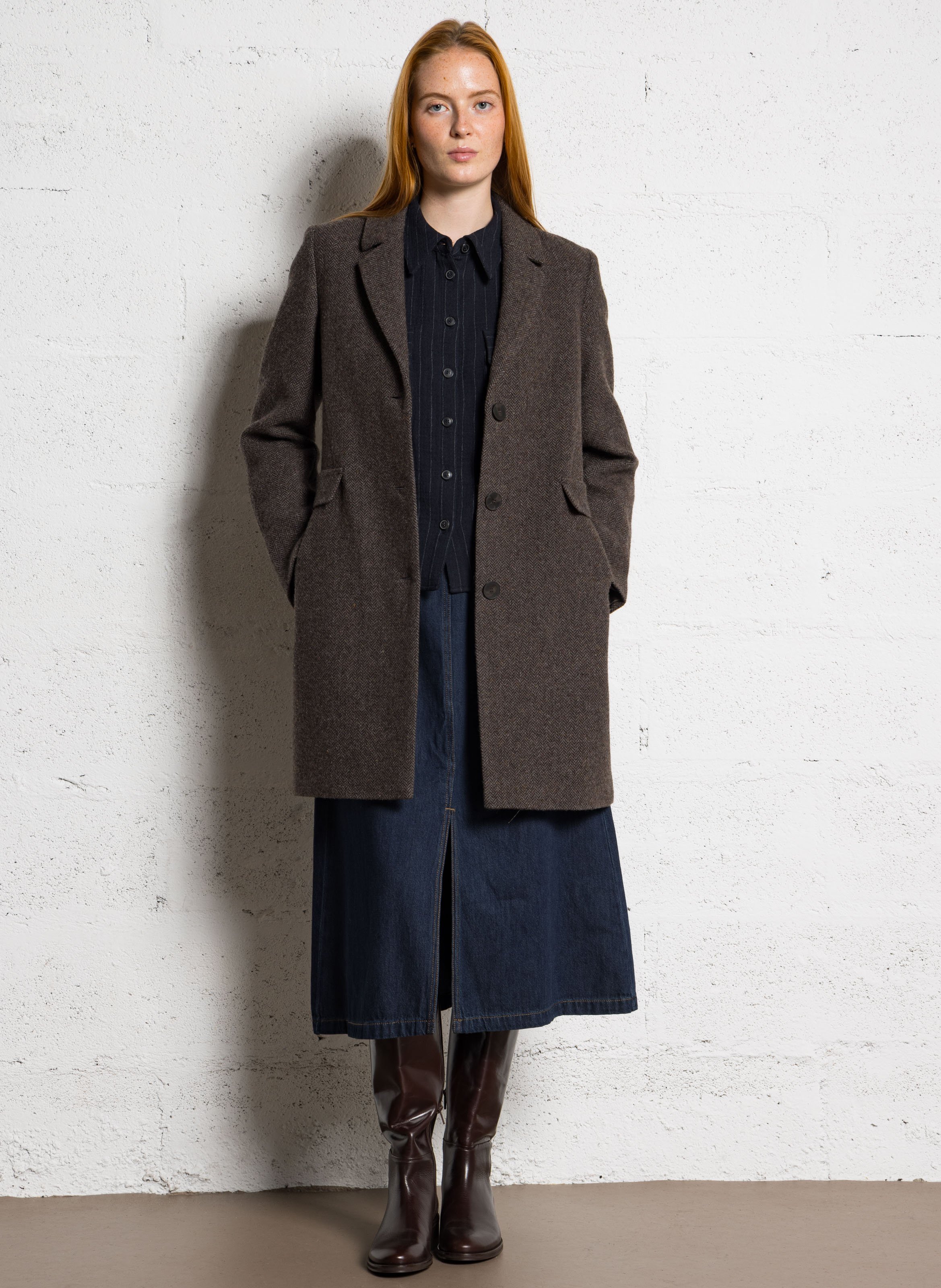 Mid-length herringbone wool blend coat MAISON 123 Brown