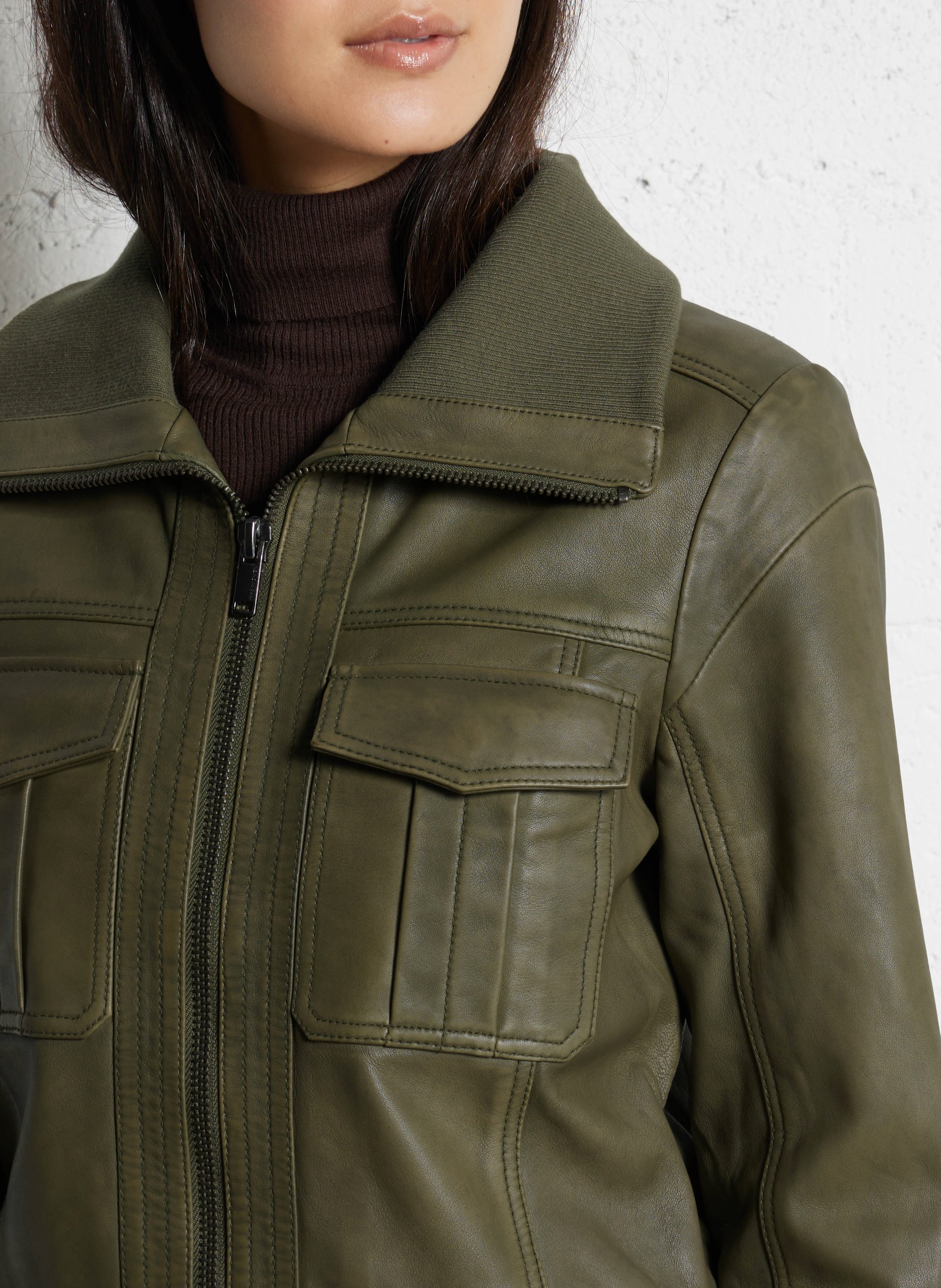 Straight leather jacket IKKS Khaki