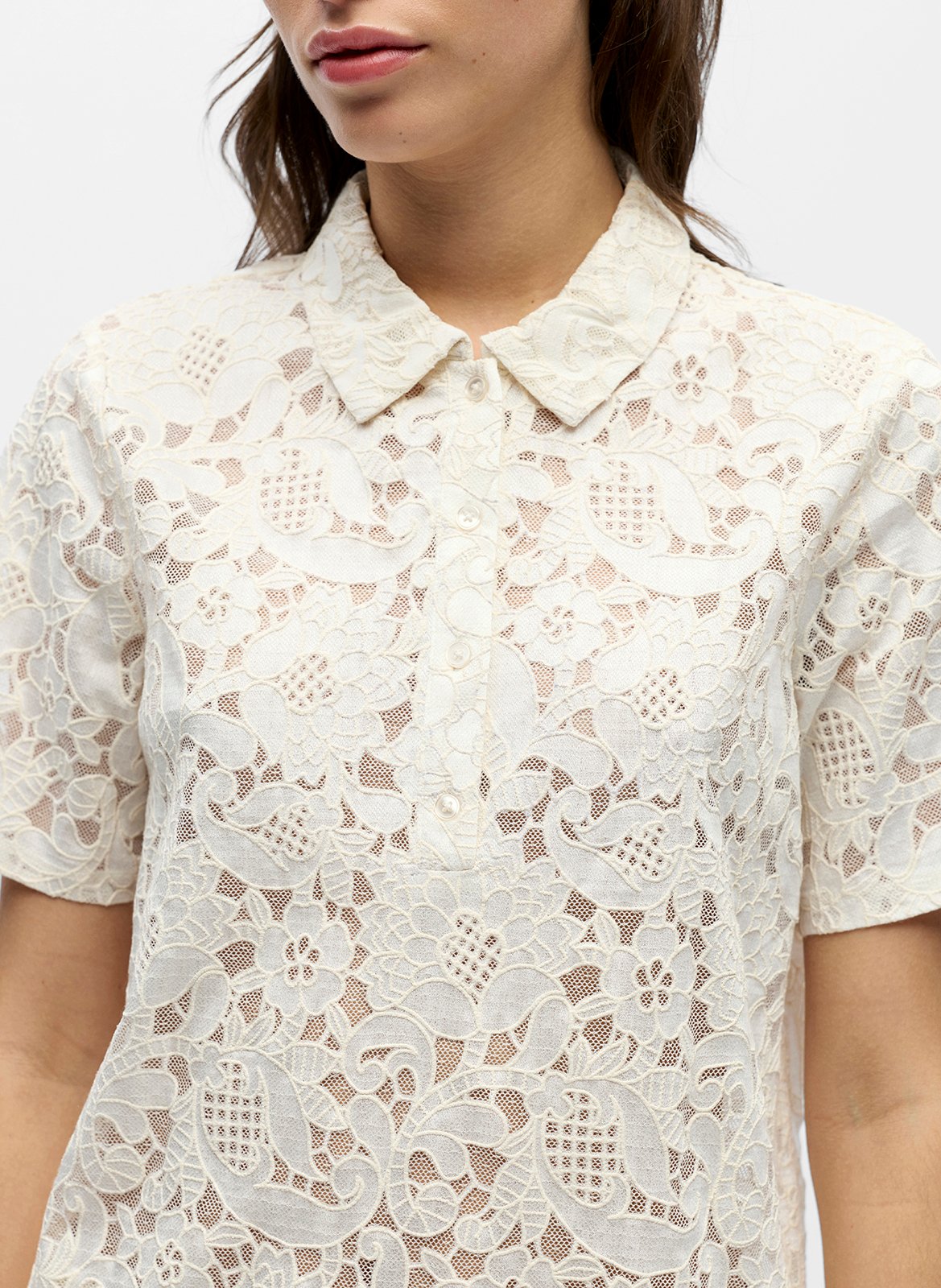 Short-sleeved lace polo shirt OBJECT Beige