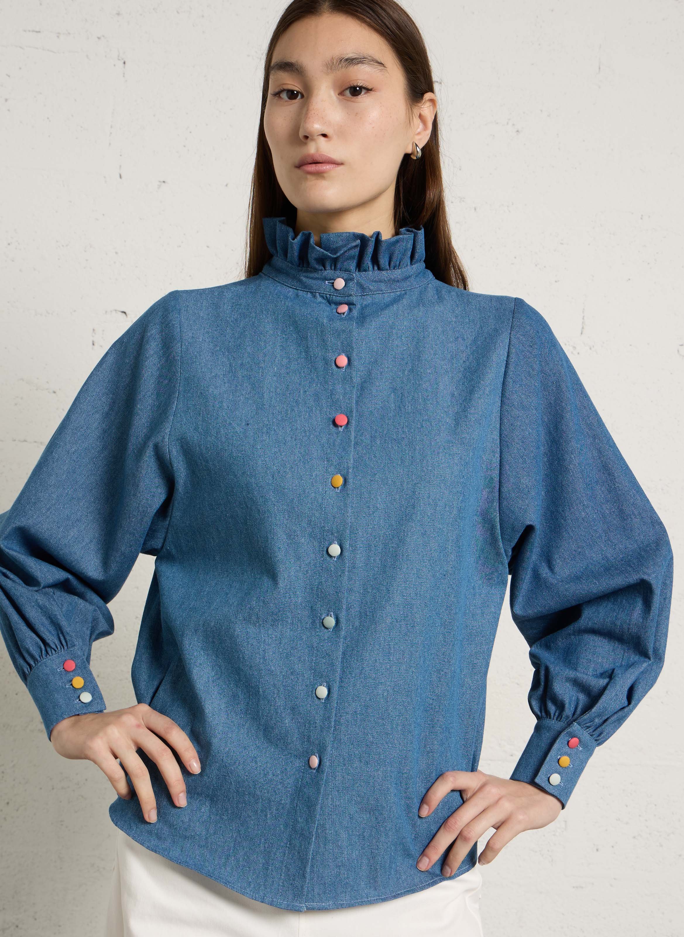 Chemisier col montant en denim ELISE CHALMIN Bleu