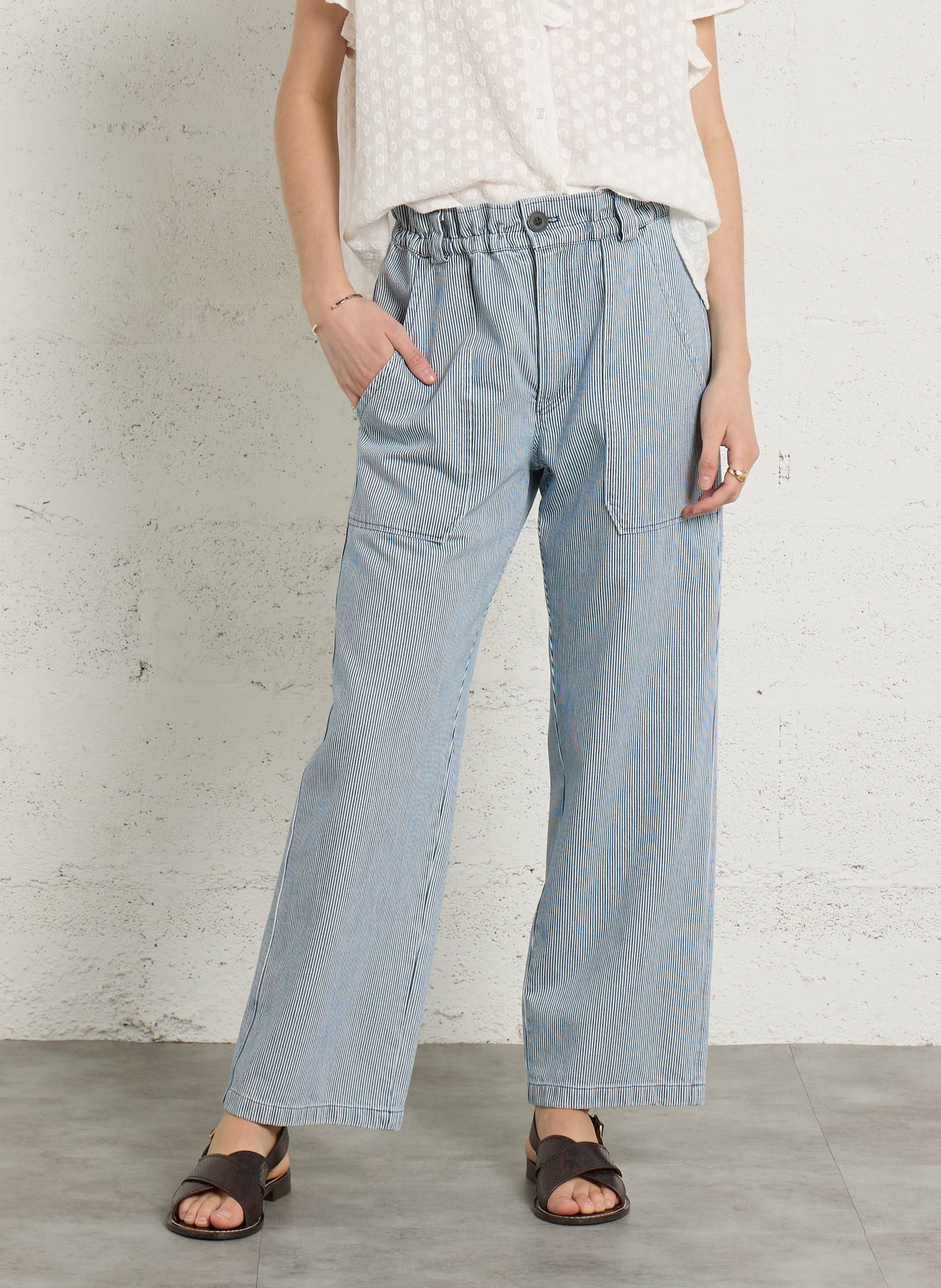 Pantalon droit taille haute en coton rayé SUZIE WINKLE Bleu