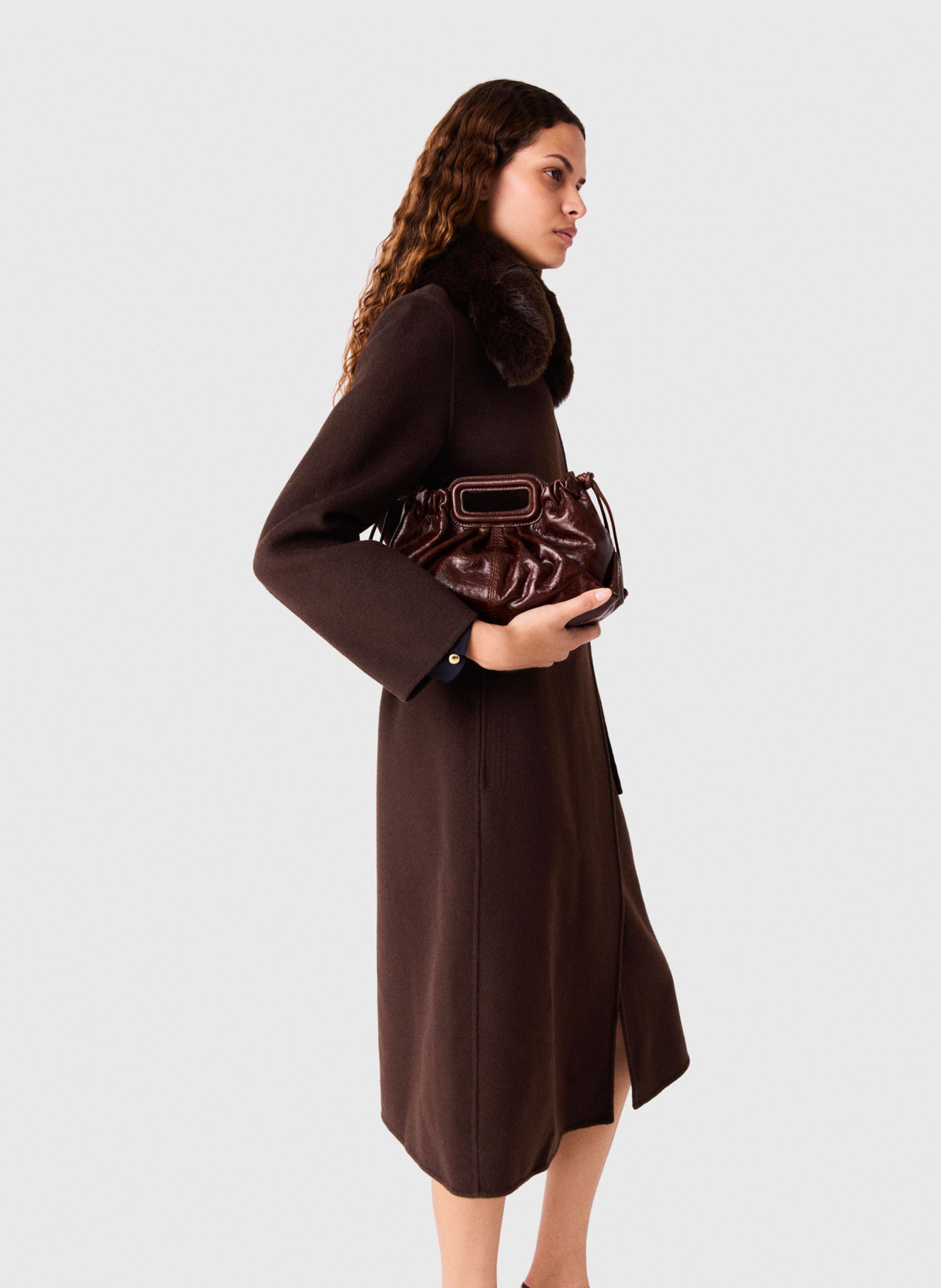 Manteau cintrée col classique à fourrure synthétique en laine mélangée  MAJE Marron