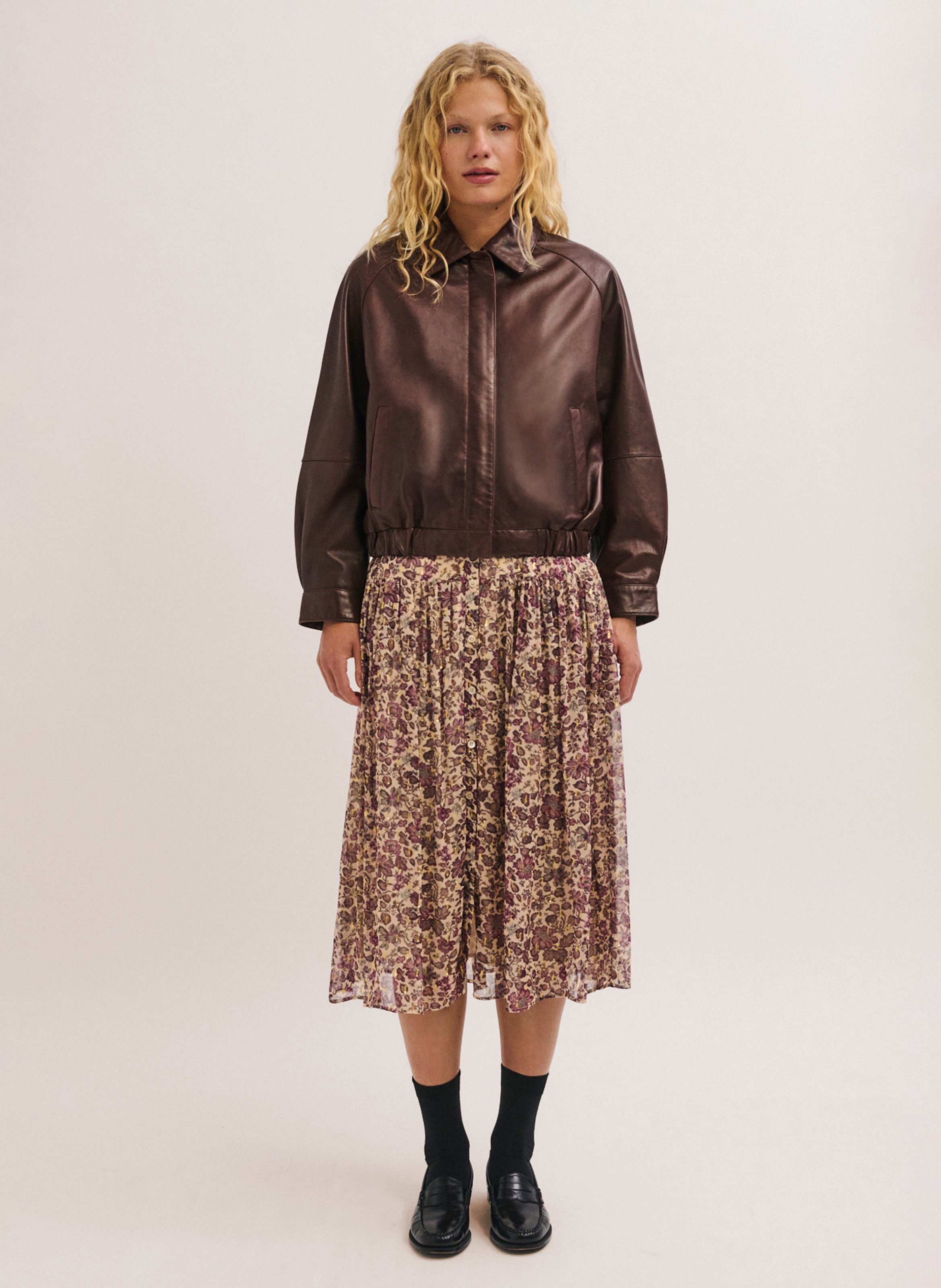 Veste droite zippée en cuir PABLO Marron