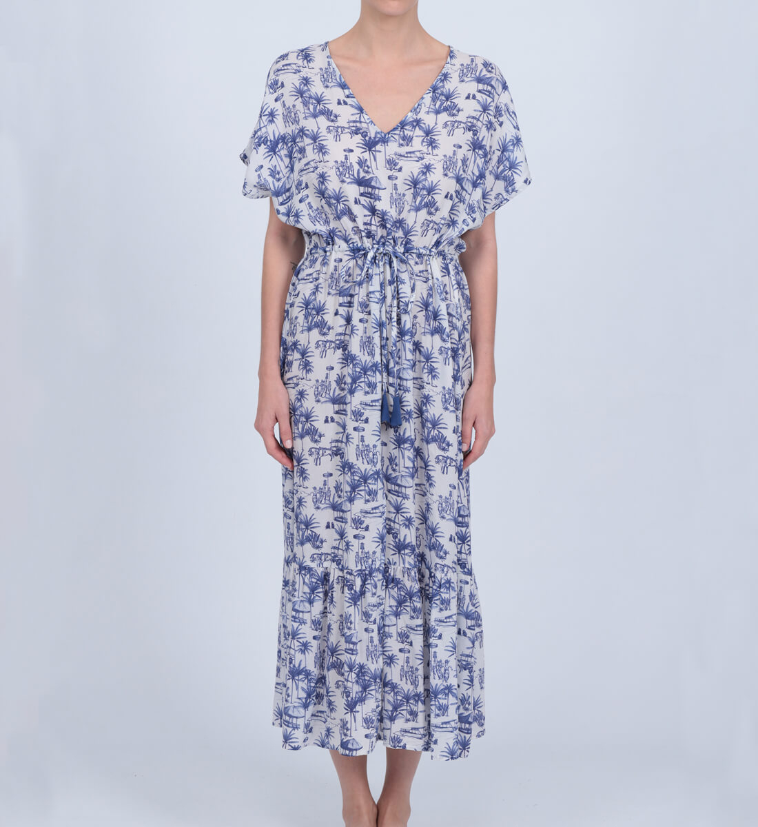 Long summer dress in Balinese canvas. GILI'S Blue
