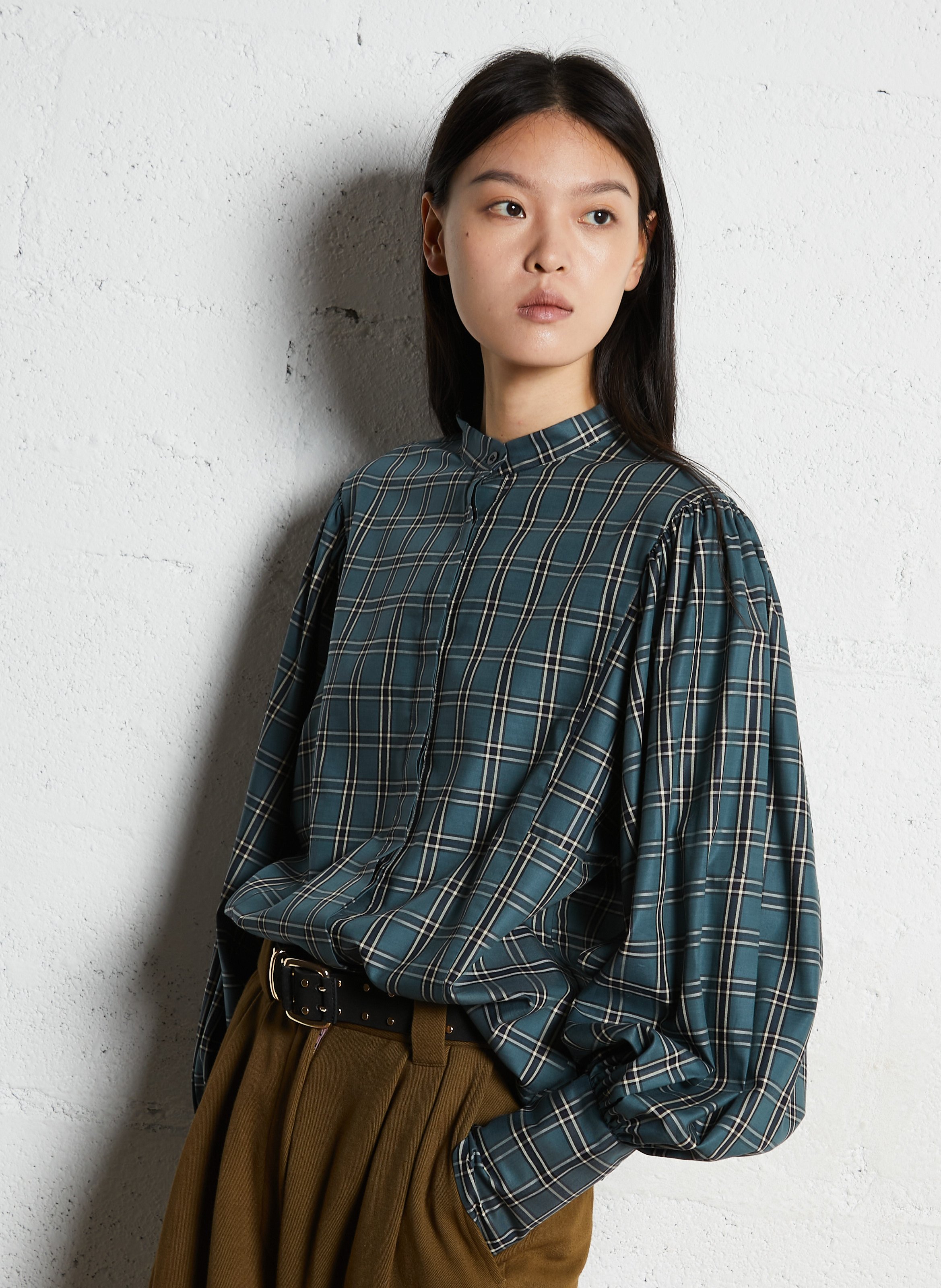 Round neck checkered button-up blouse V DE VINSTER Blue