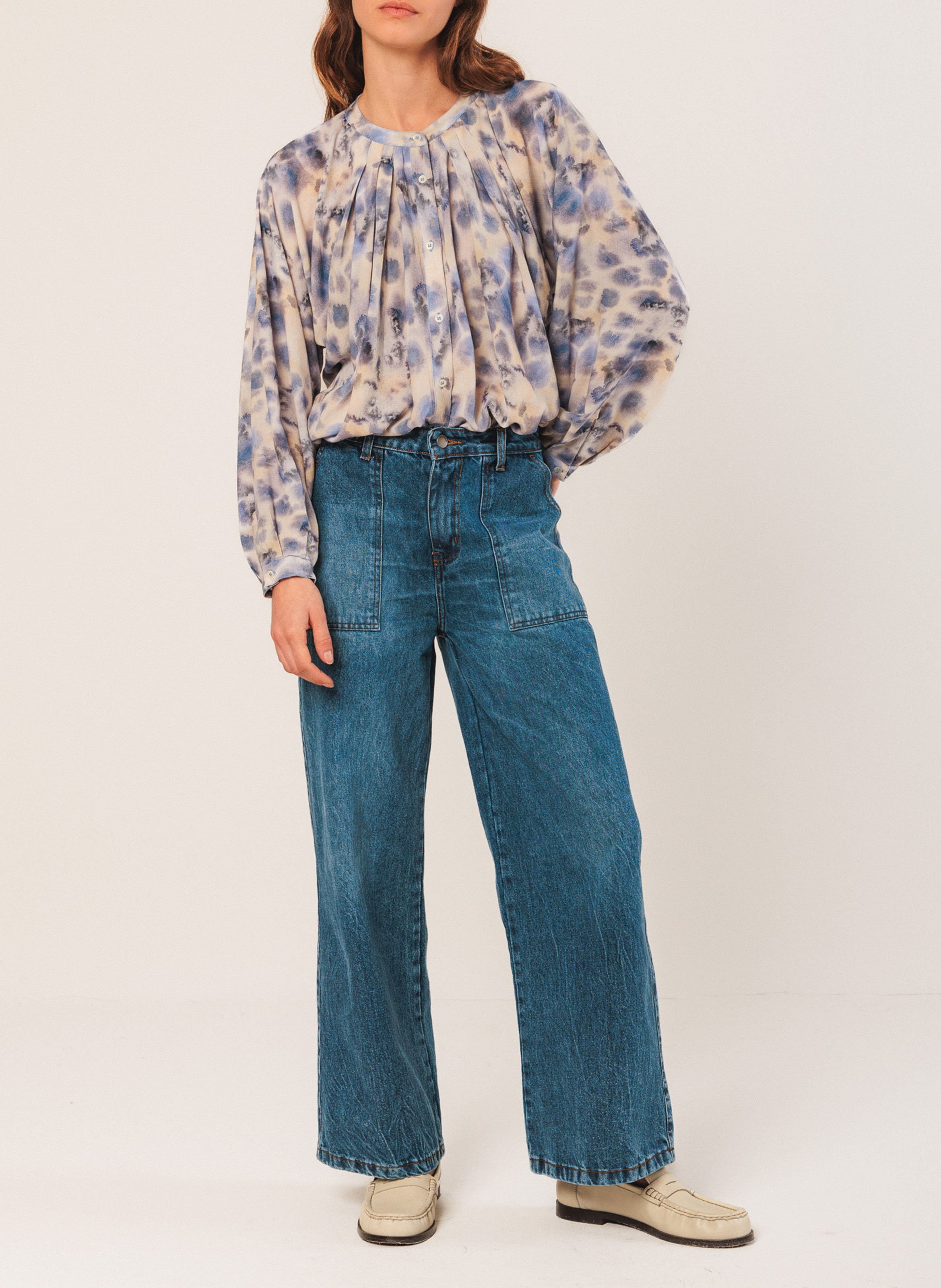 Blouse col rond plissée aquarelle INDI & COLD Bleu