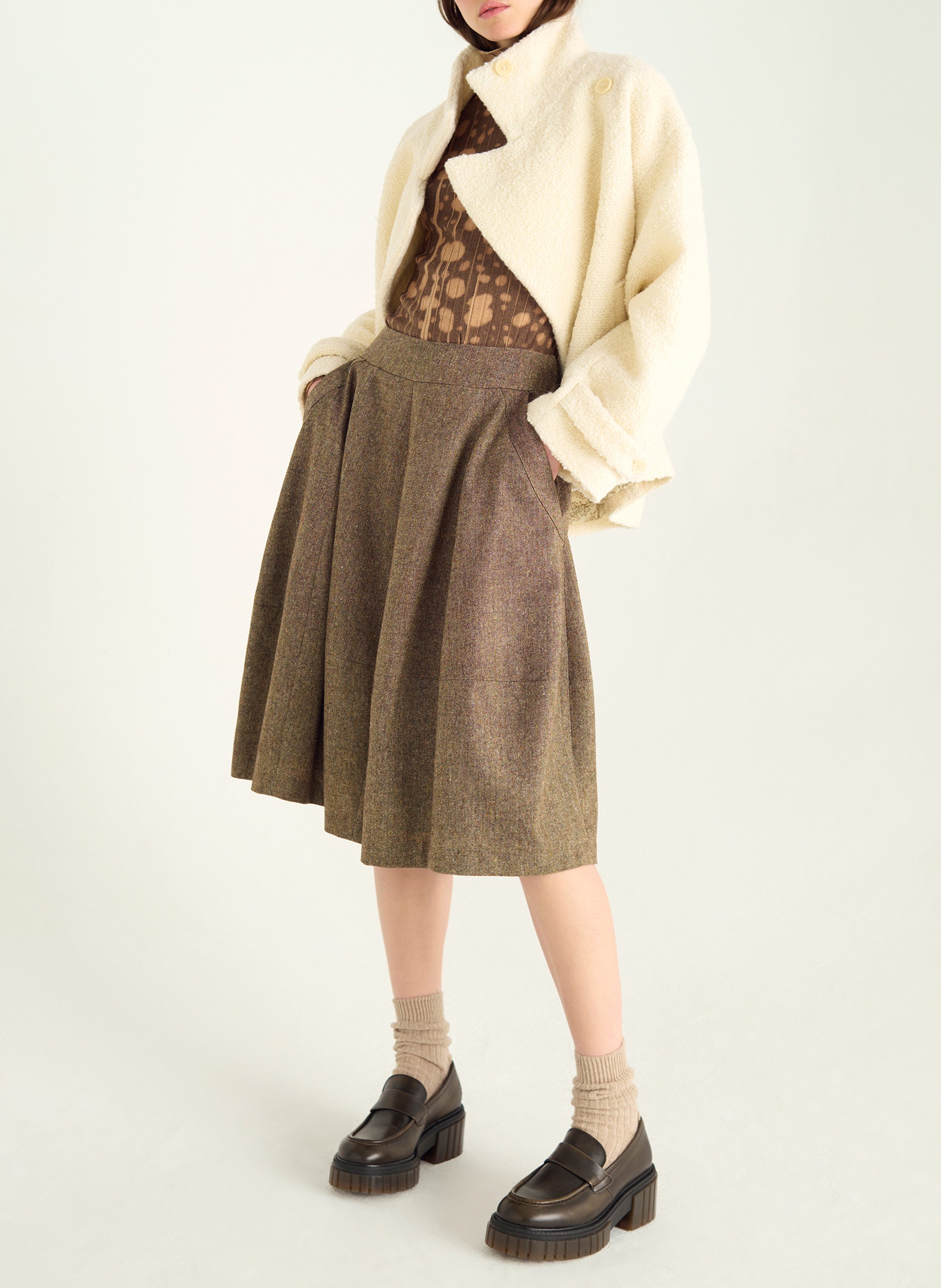 Jupe midi évasée chinée COTELAC Marron