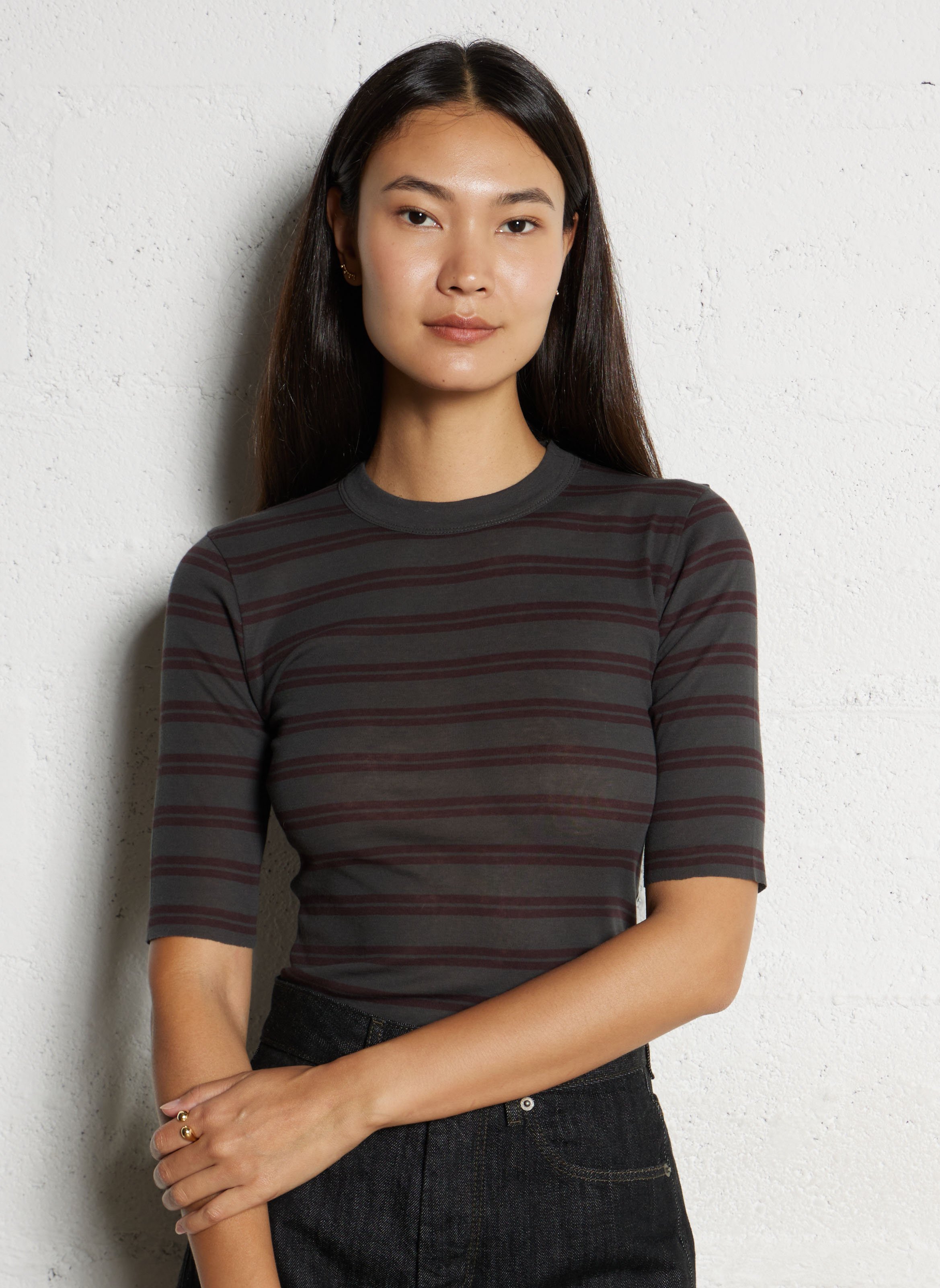 Tee-shirt col rond rayé en coton SOEUR Prune