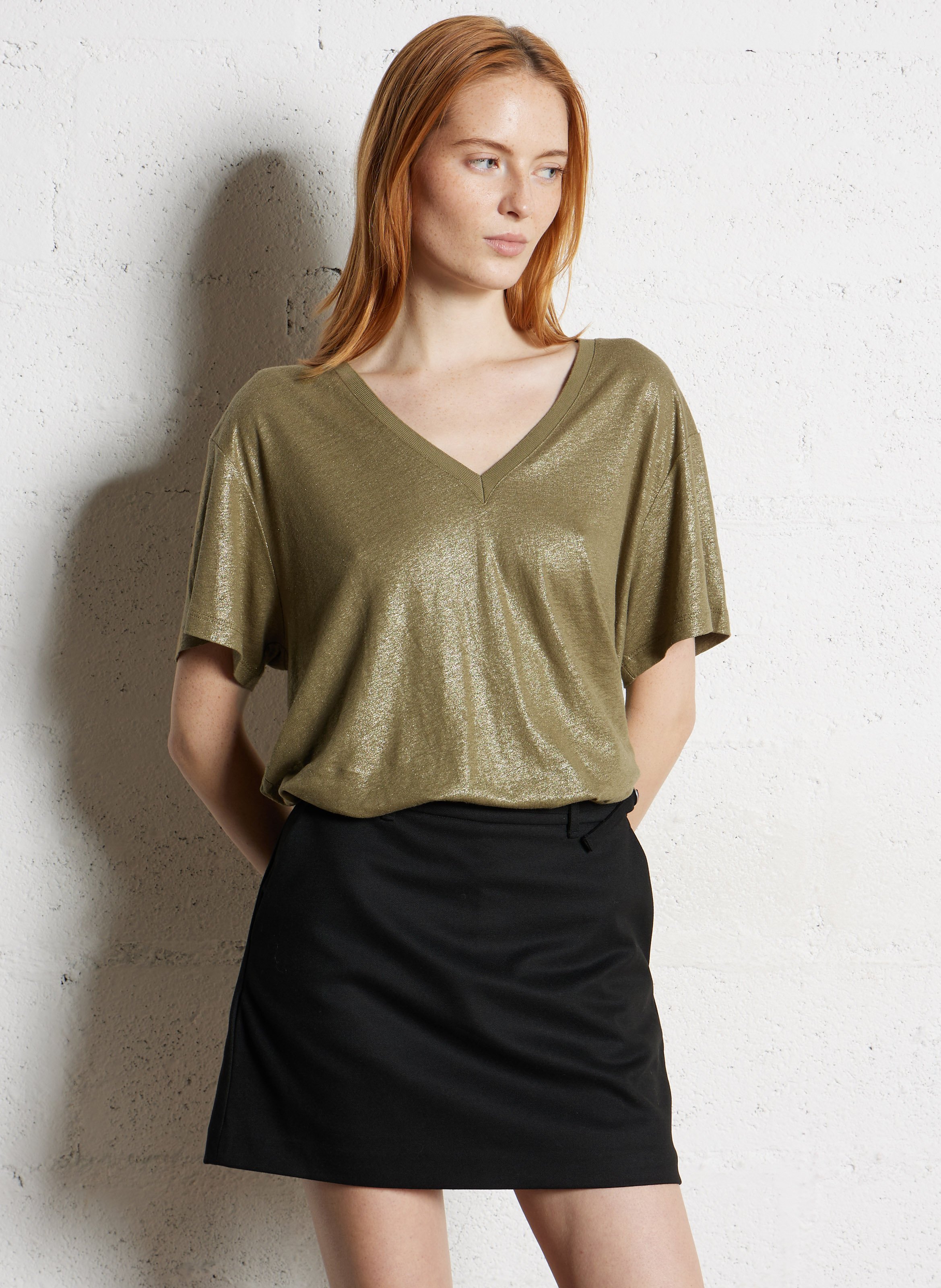 Iridescent V-neck T-shirt in blended linen IKKS Khaki