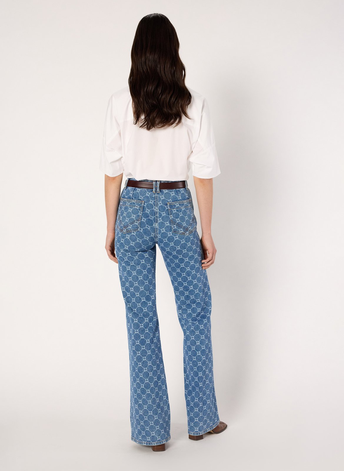 Flared High Waist Jeans mit Print Blau