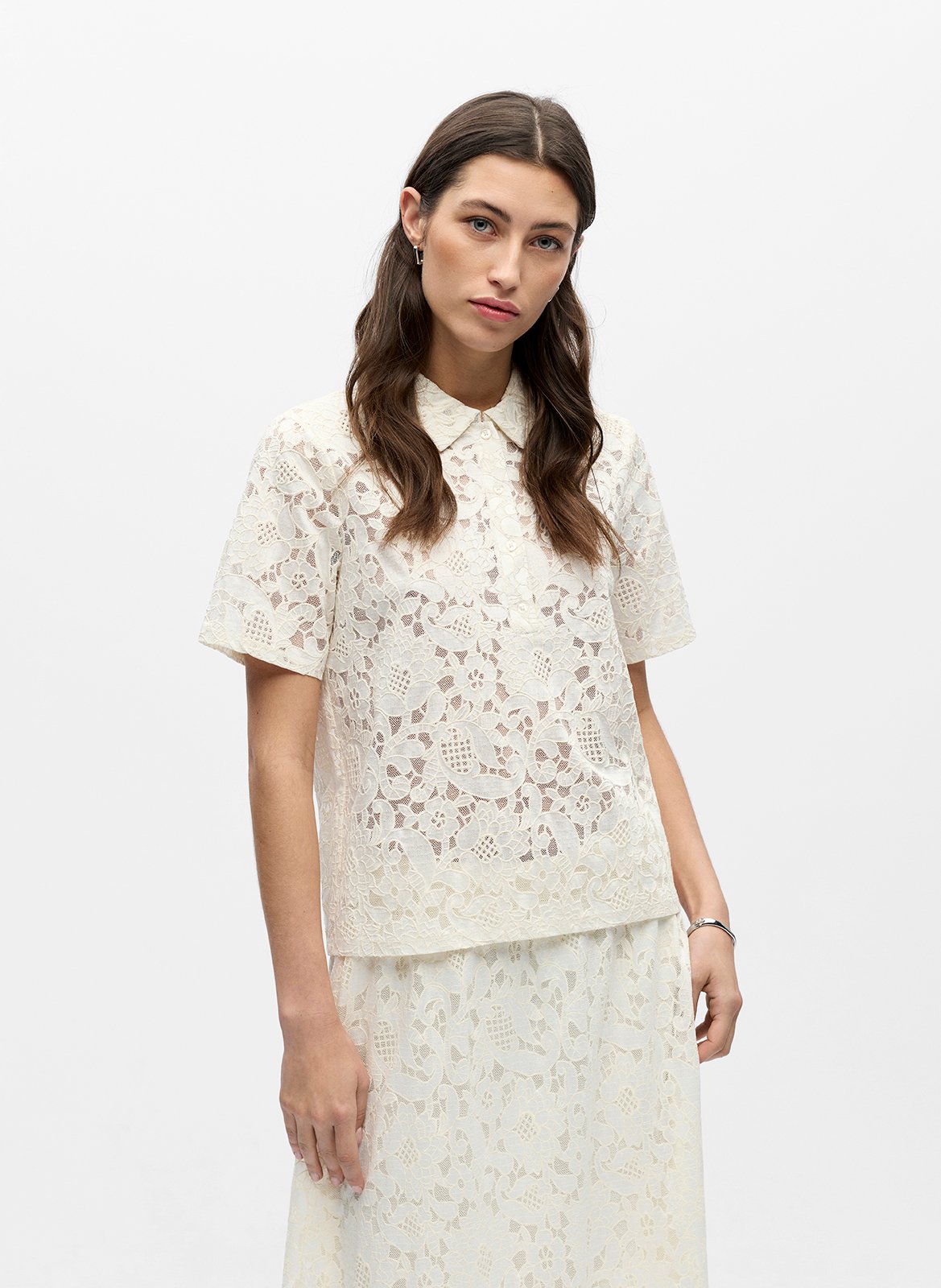 Short-sleeved lace polo shirt OBJECT Beige