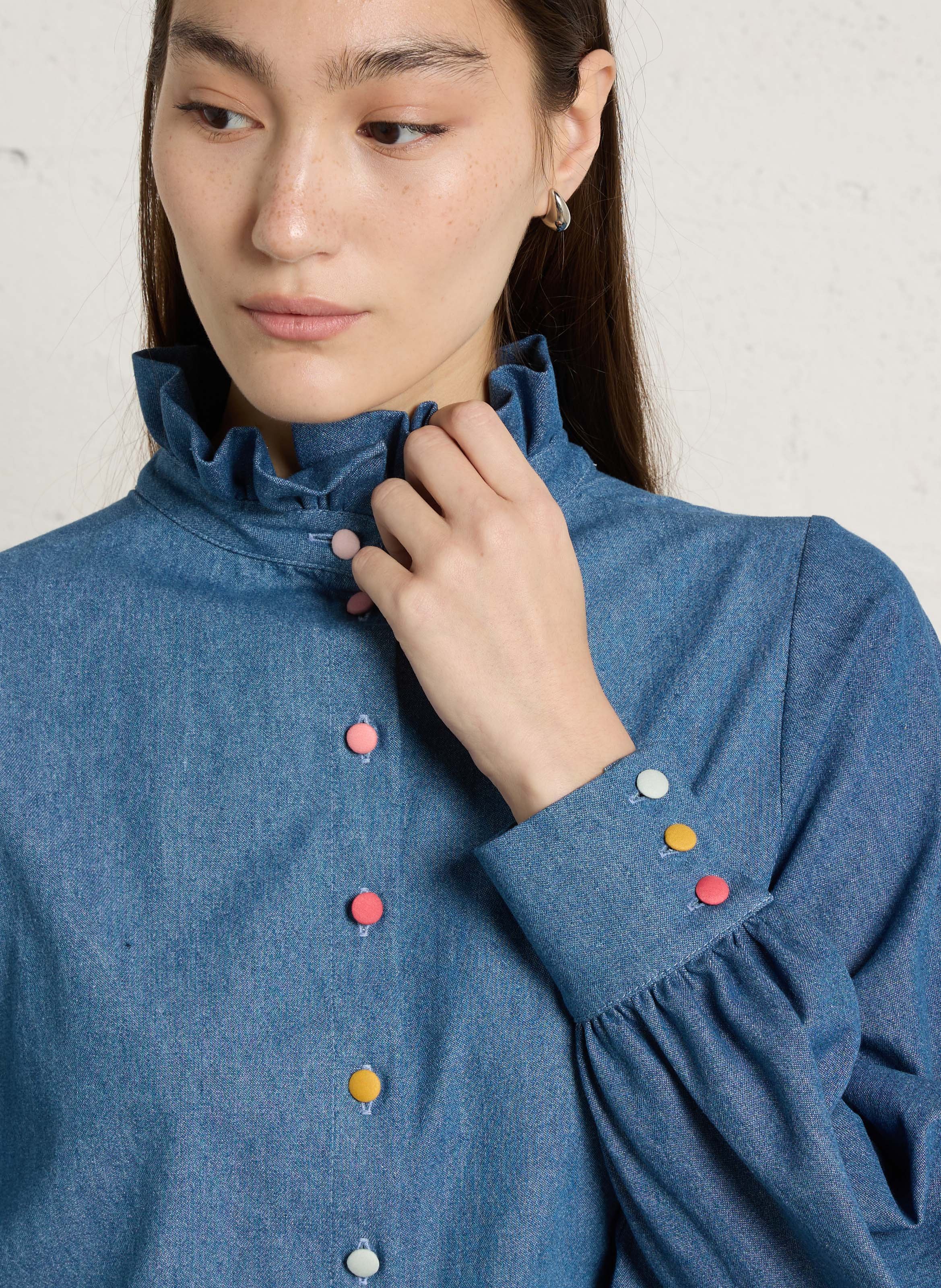 Chemisier col montant en denim ELISE CHALMIN Bleu