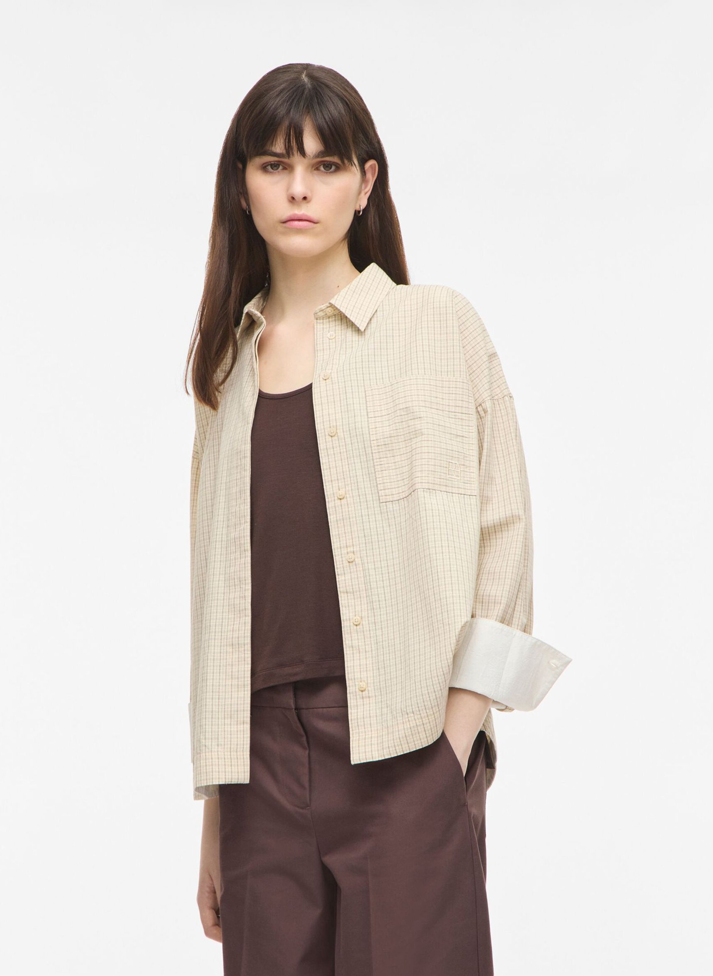 Oversized printed cotton shirt with classic collar ROUGE EDIT Beige