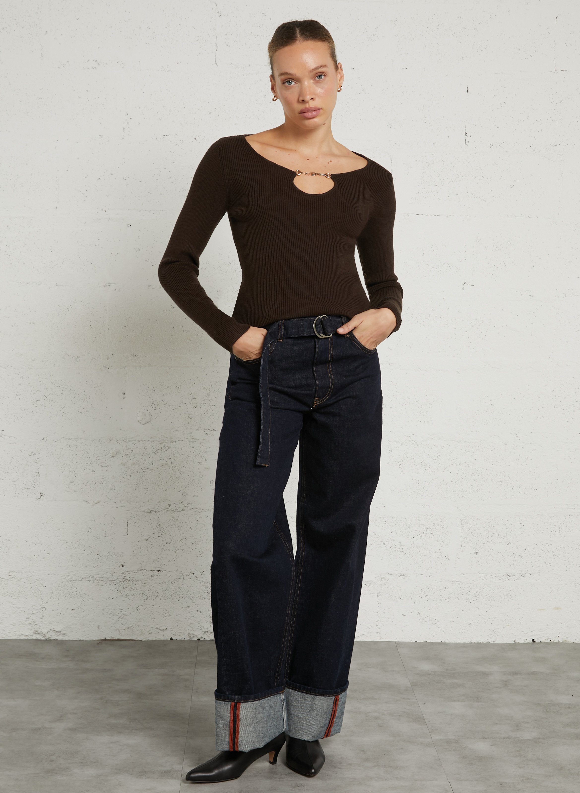 Ribbed fitted sweater with bit LA PETITE ETOILE Brown