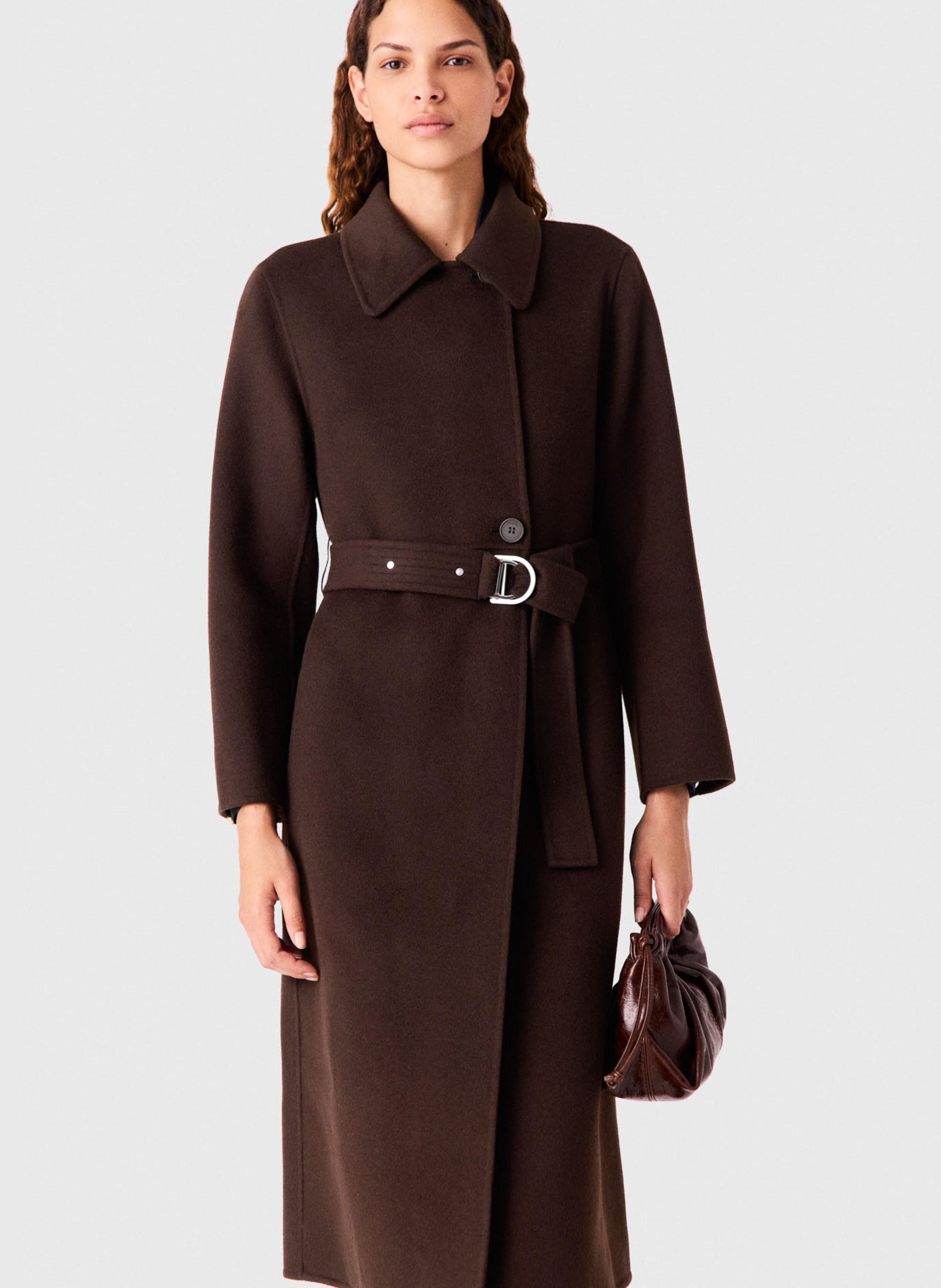 Manteau cintrée col classique à fourrure synthétique en laine mélangée  MAJE Marron