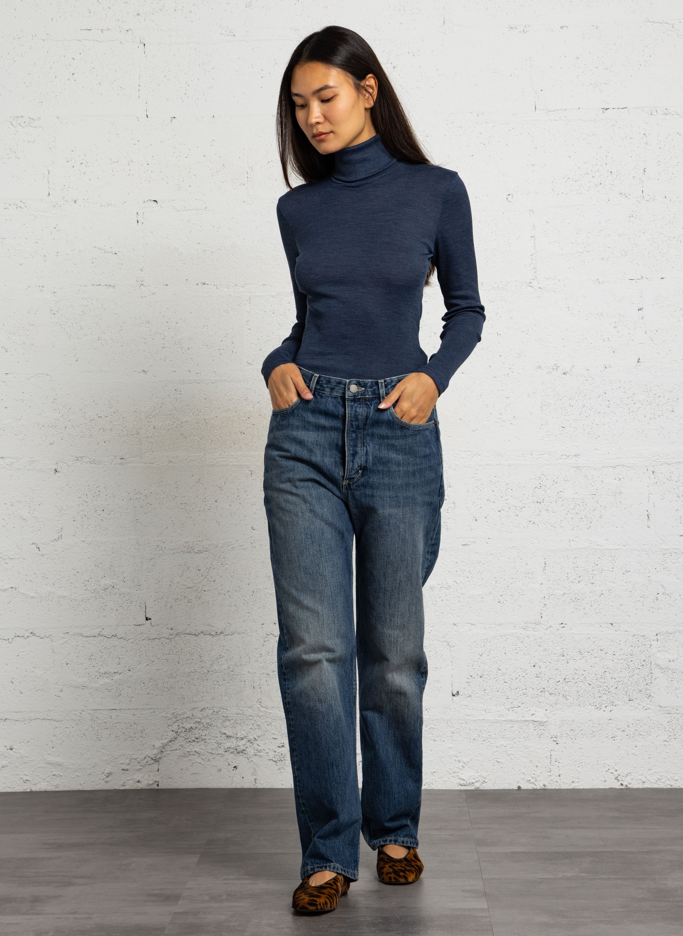 Pull moulant col roulé en laine et soie ARMOR LUX Bleu