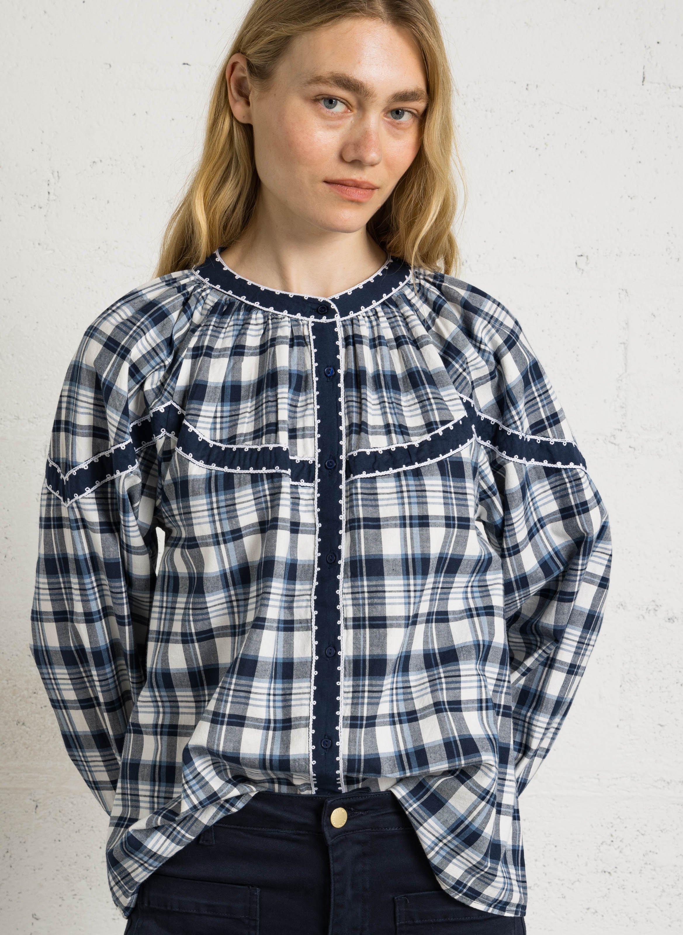 Rechte katoenen blouse met ronde hals en ruitdessin SUD EXPRESS Blauw