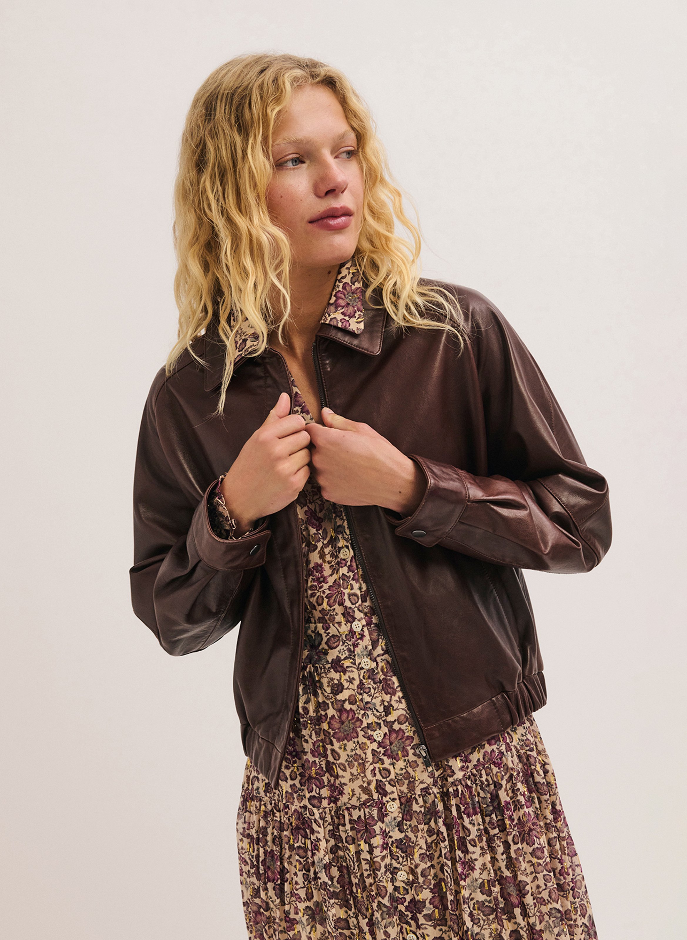 Veste droite zippée en cuir PABLO Marron