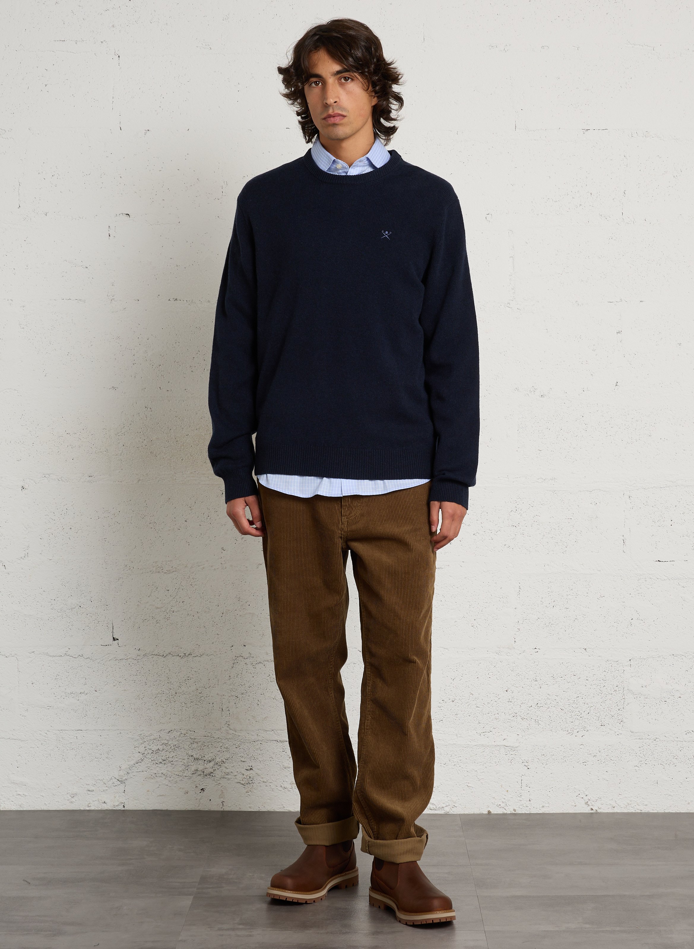Pull droit col rond brodé en laine HACKETT Bleu