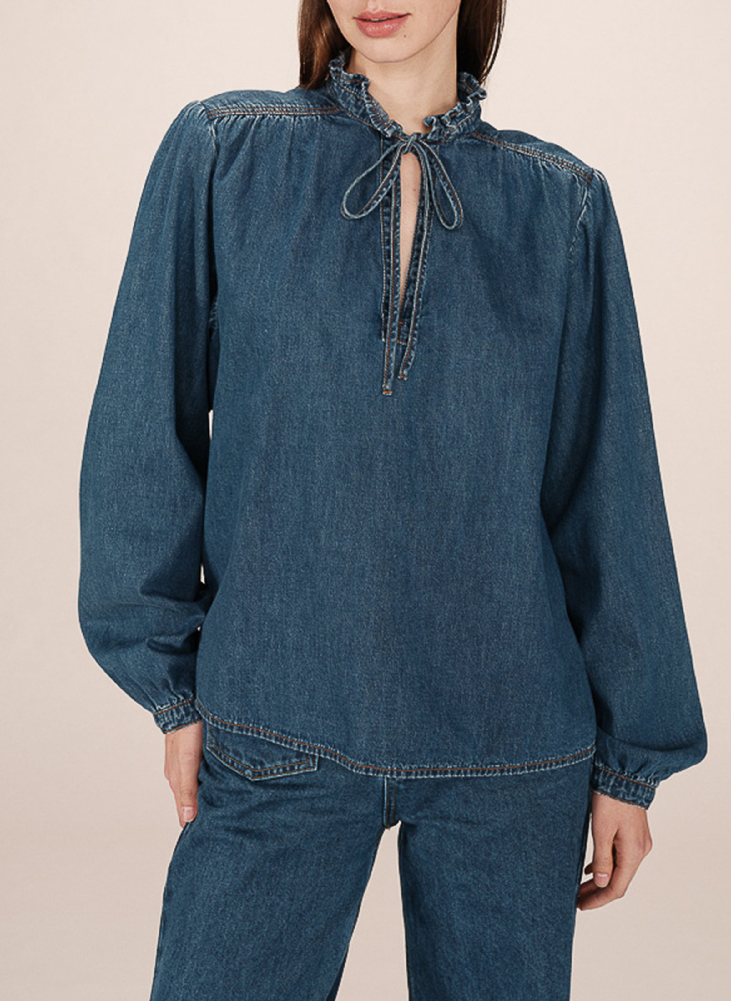 Blouse col rond en denim de coton mélangé GRACE ET MILA Bleu