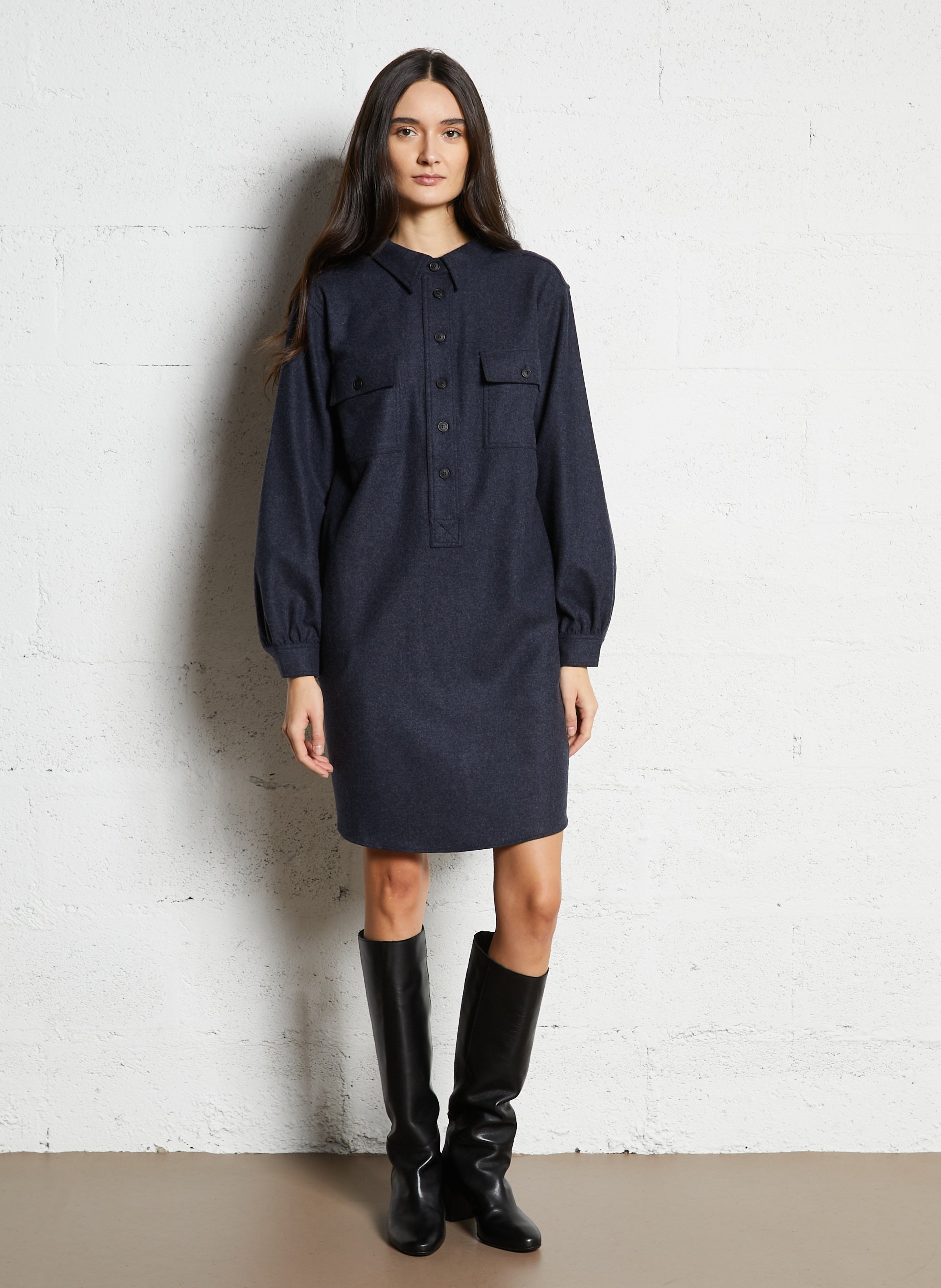 Midi dress with classic collar in mixed wool MAISON 123 Grey