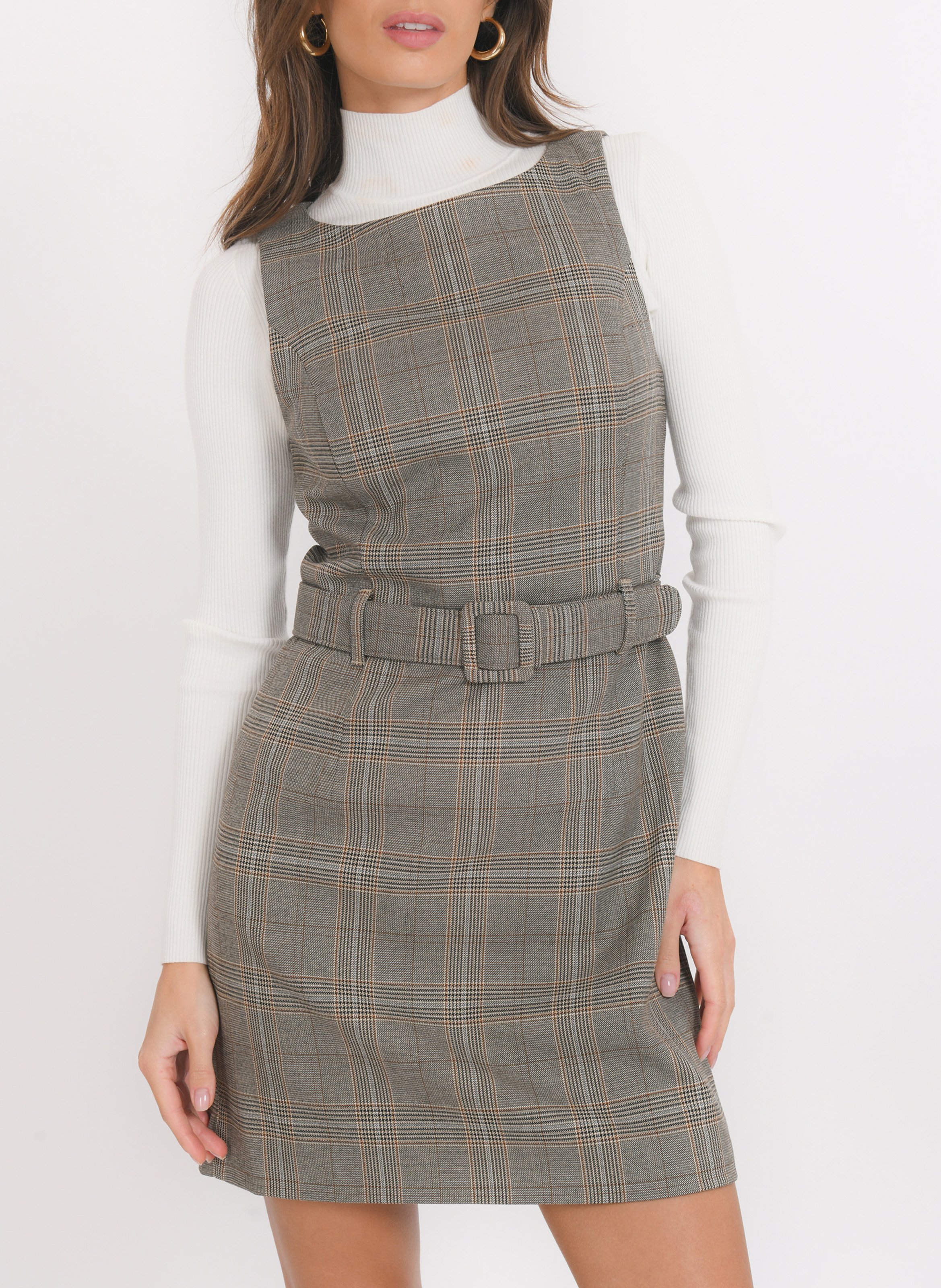 Korte jurk met ronde hals in ruitjespatroon KOOKAI Bruin