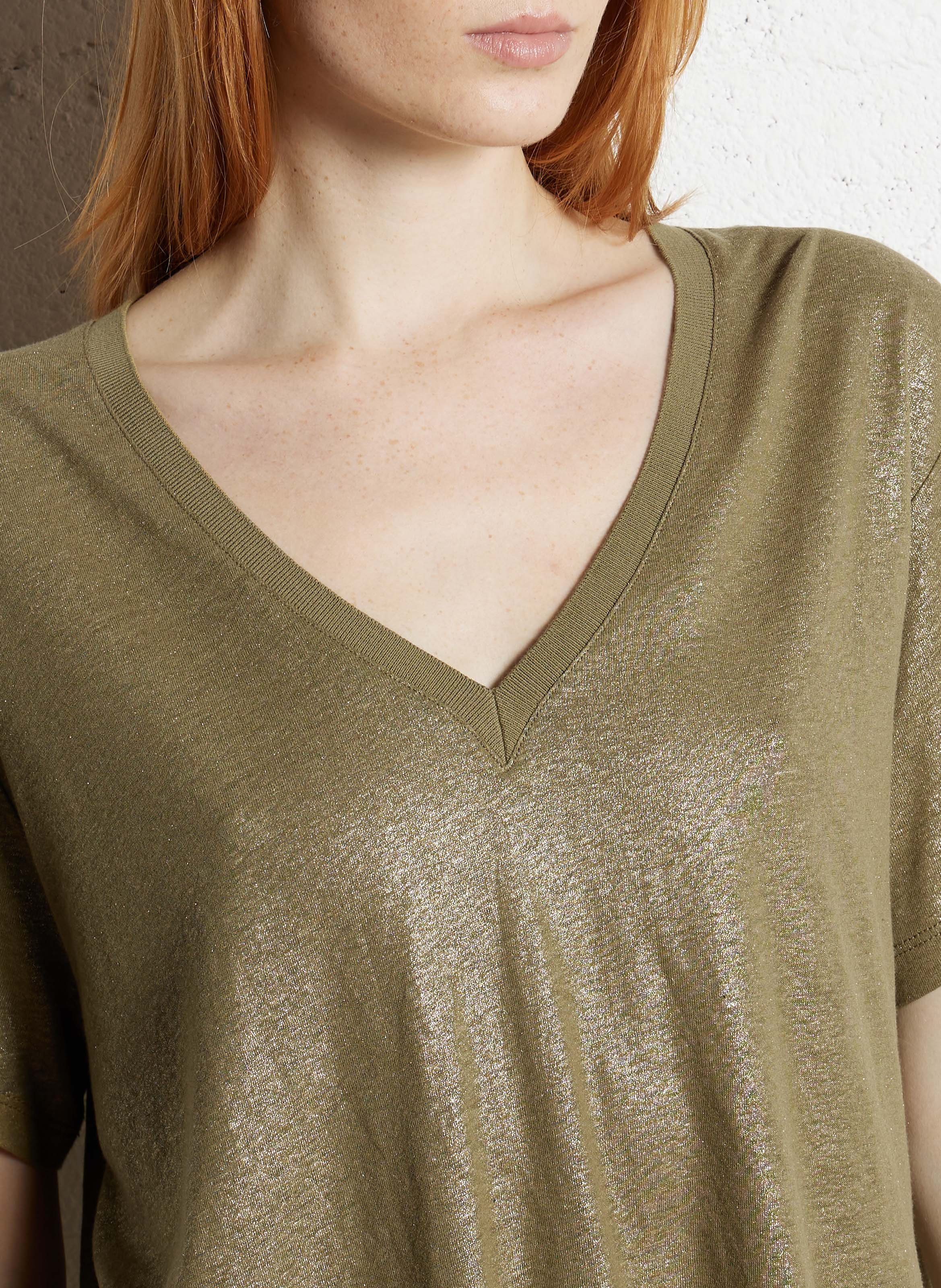 Iridescent V-neck T-shirt in blended linen IKKS Khaki