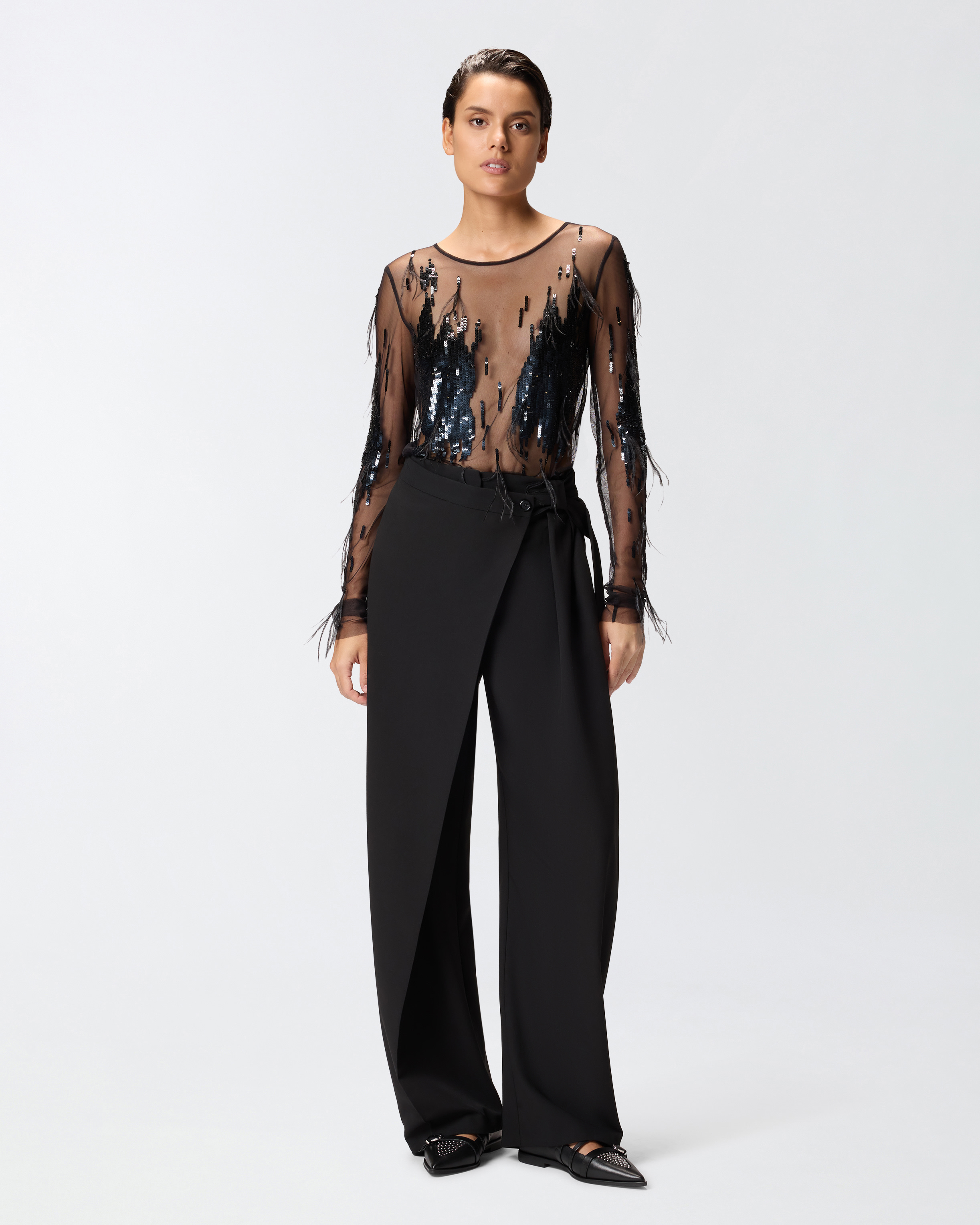 Transparent sweater with sequins and feathers PINKO