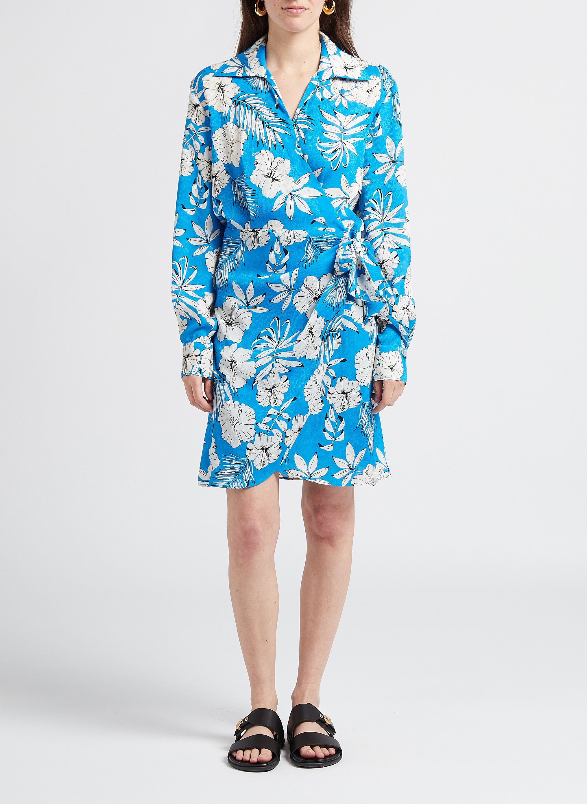 Short printed dress with lapel V-neck PINKO Blue