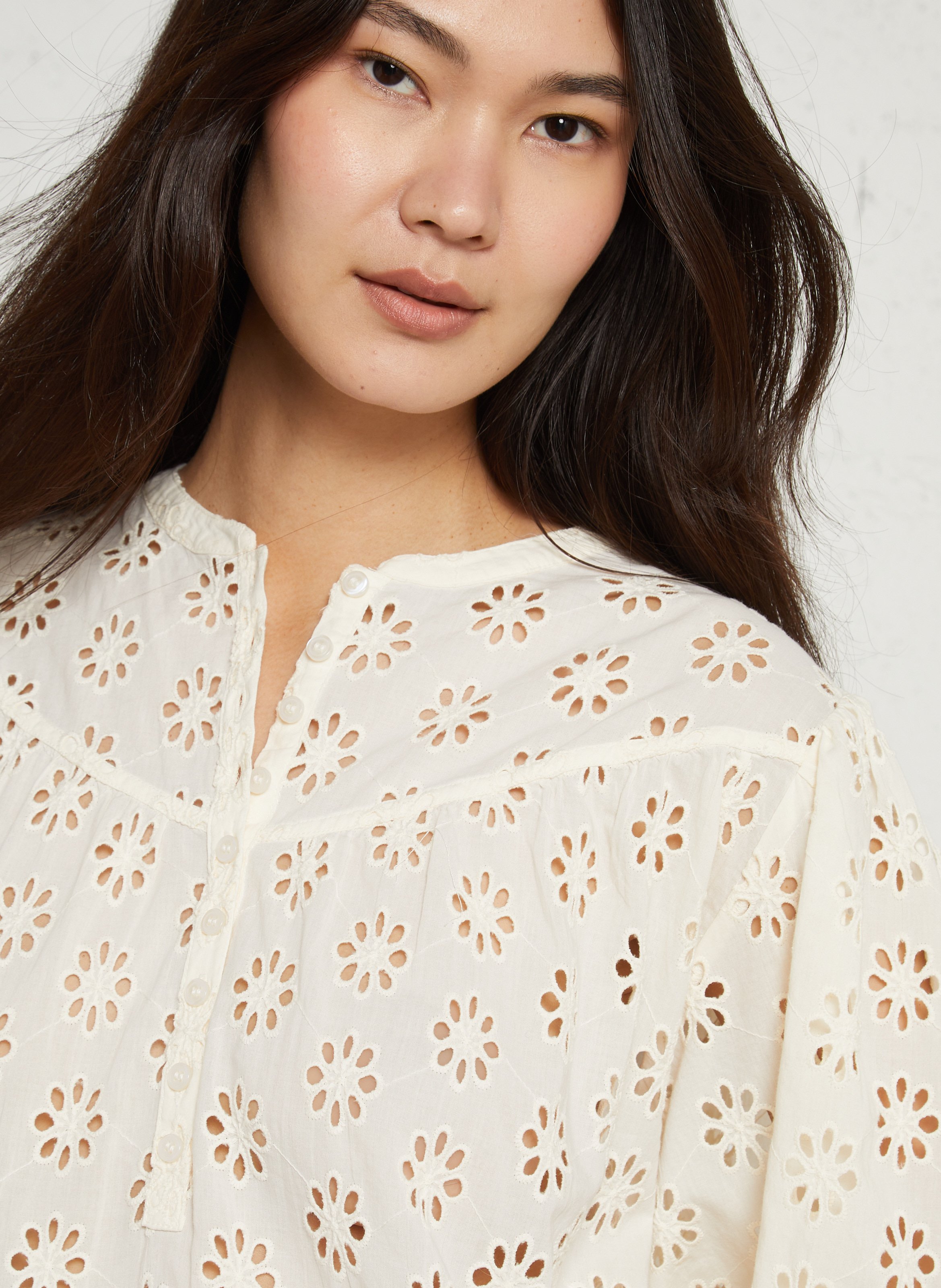 Weite Bluse mit englischen Stickereien DES PETITS HAUTS Beige