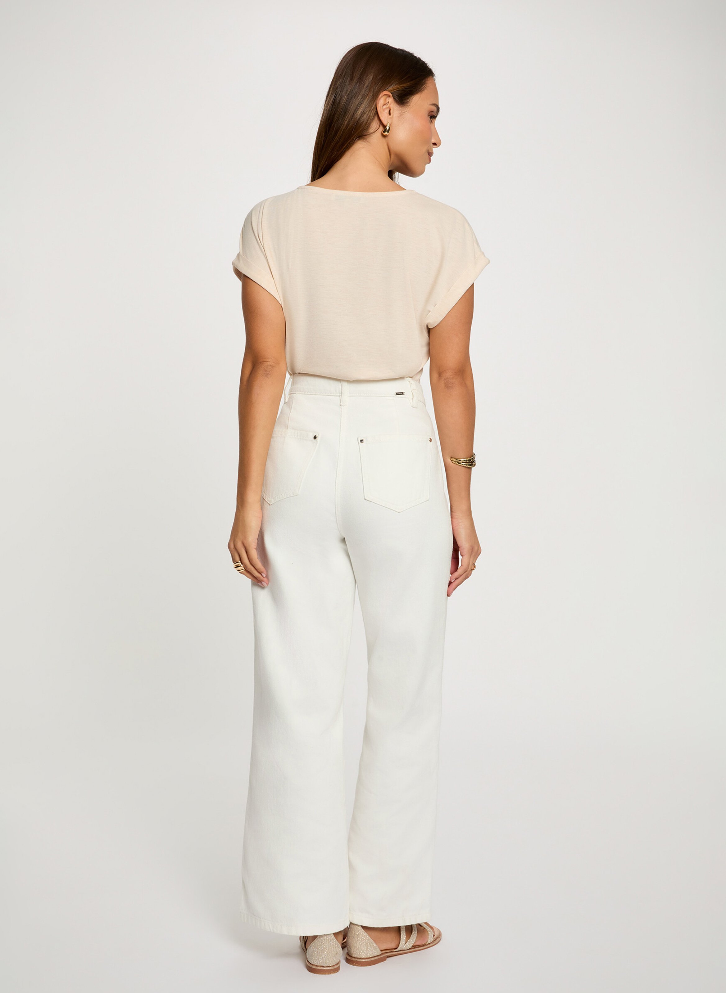 Tee-shirt droit col V uni MORGAN Beige