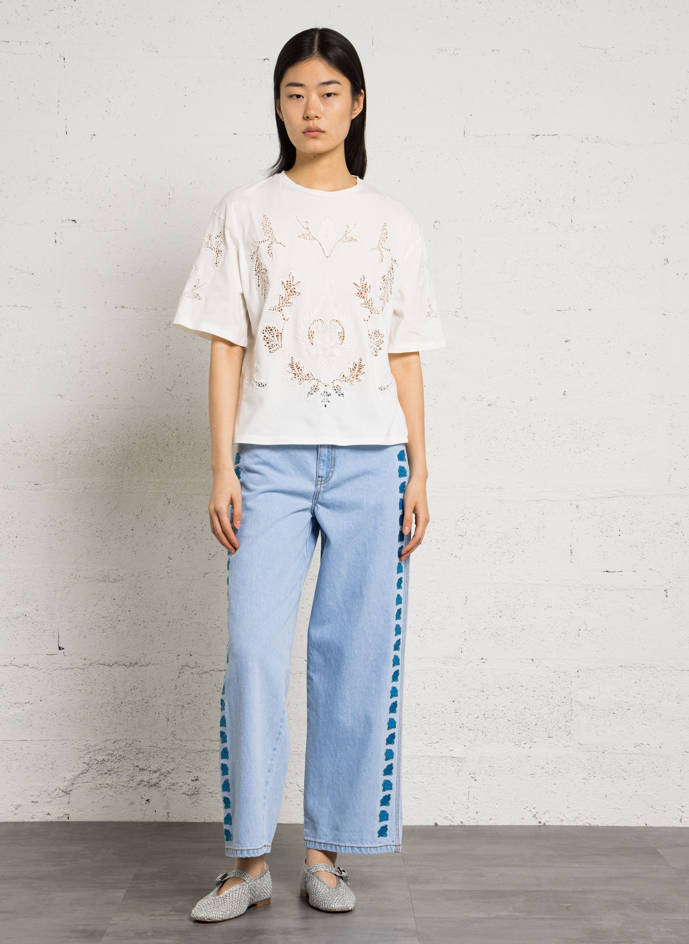 Straight-cut round-neck embroidered cotton top BERENICE White